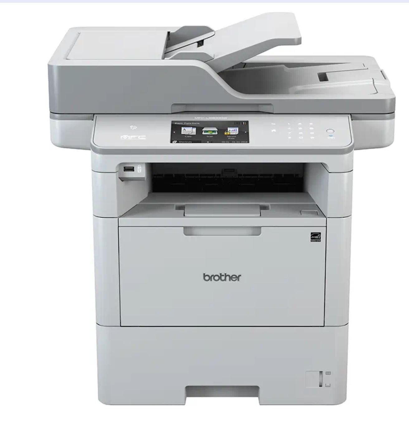 Una stampante Brother è seduta su una superficie bianca