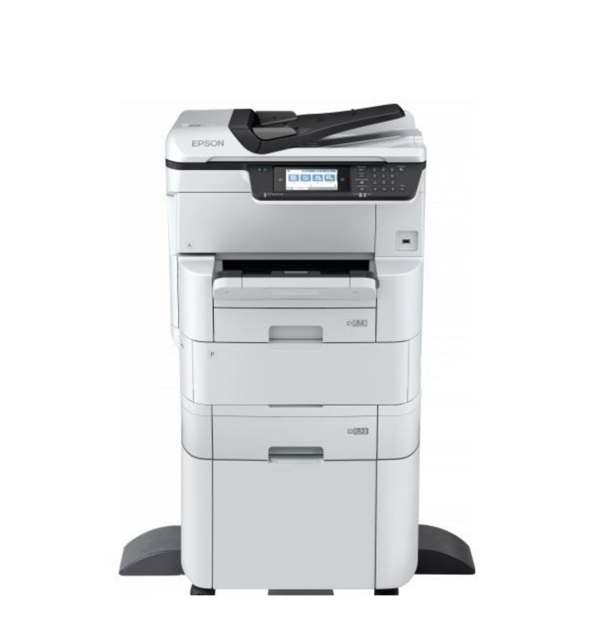 Una stampante bianca è seduta sopra un tavolo bianco.