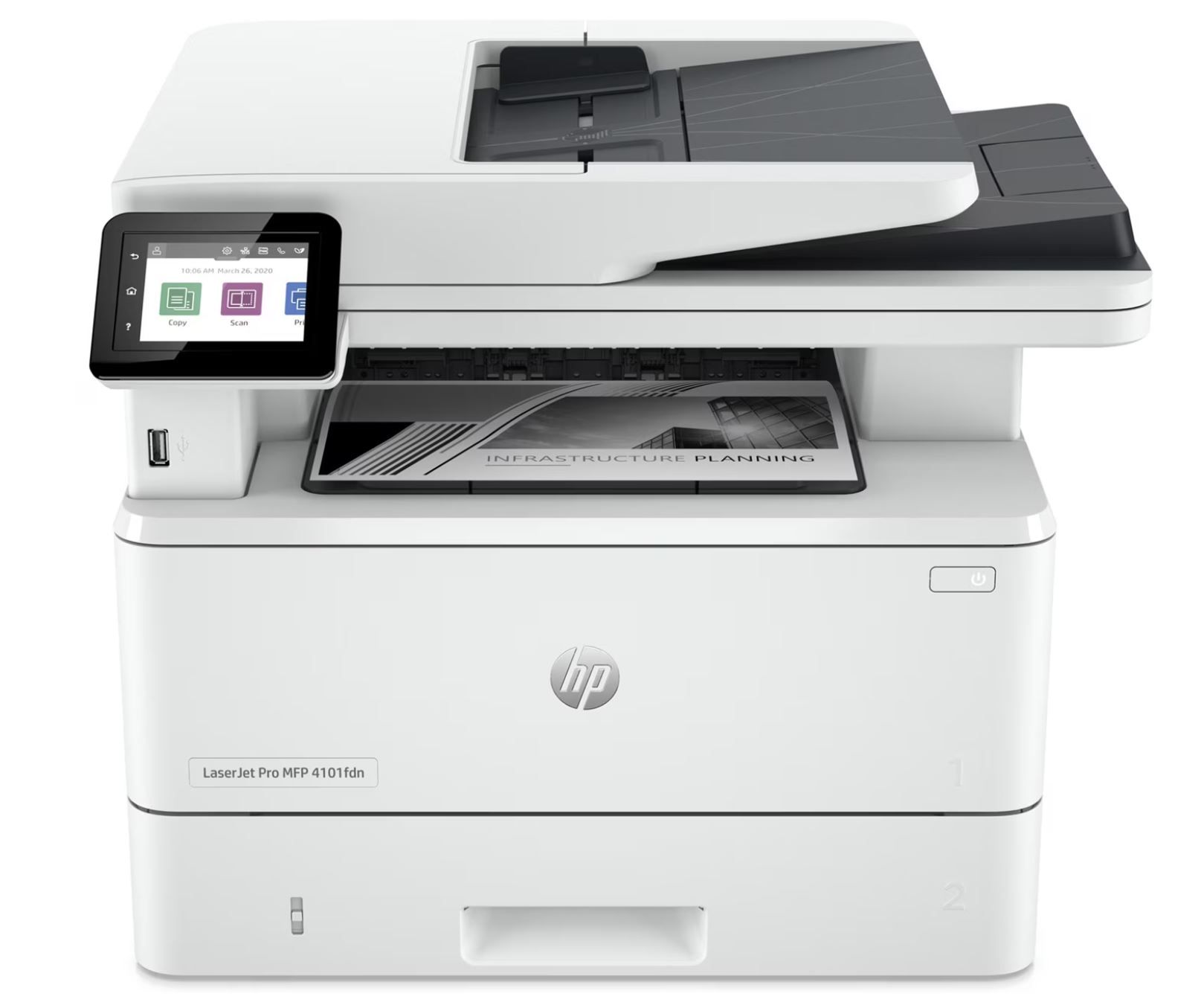 Una stampante hp bianca è seduta sopra un tavolo bianco.