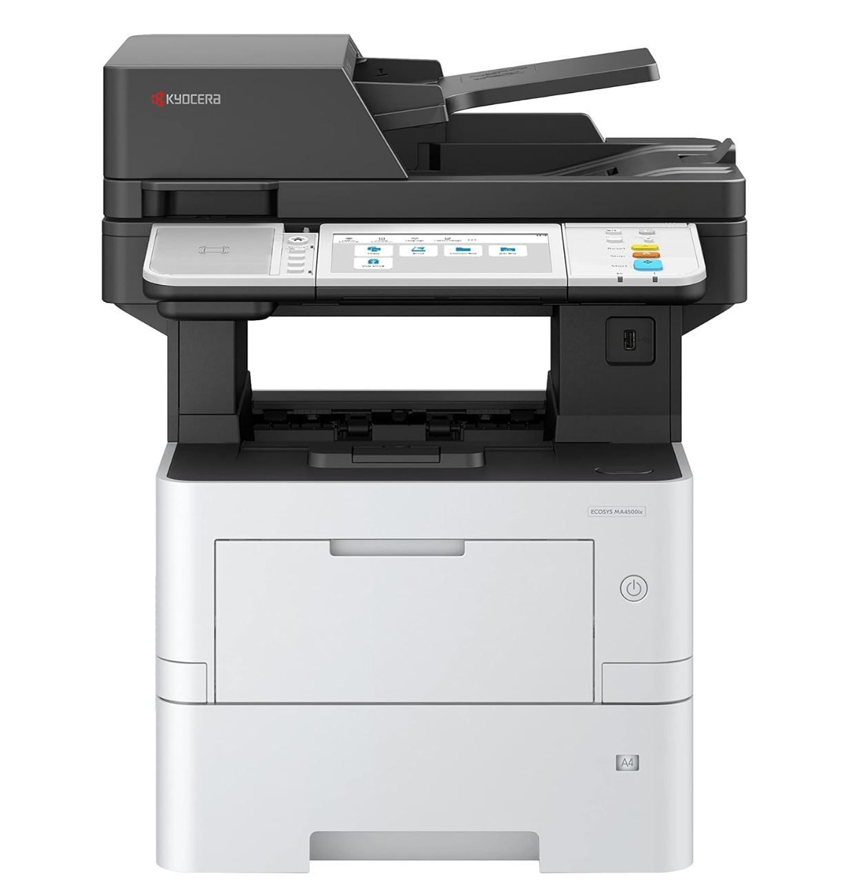 Una stampante in bianco e nero è seduta su un tavolo bianco.