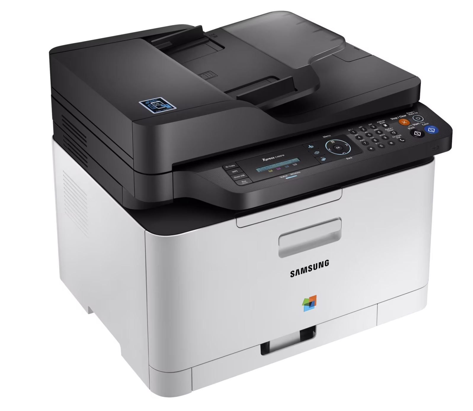 Una stampante Samsung è appoggiata su un tavolo bianco.