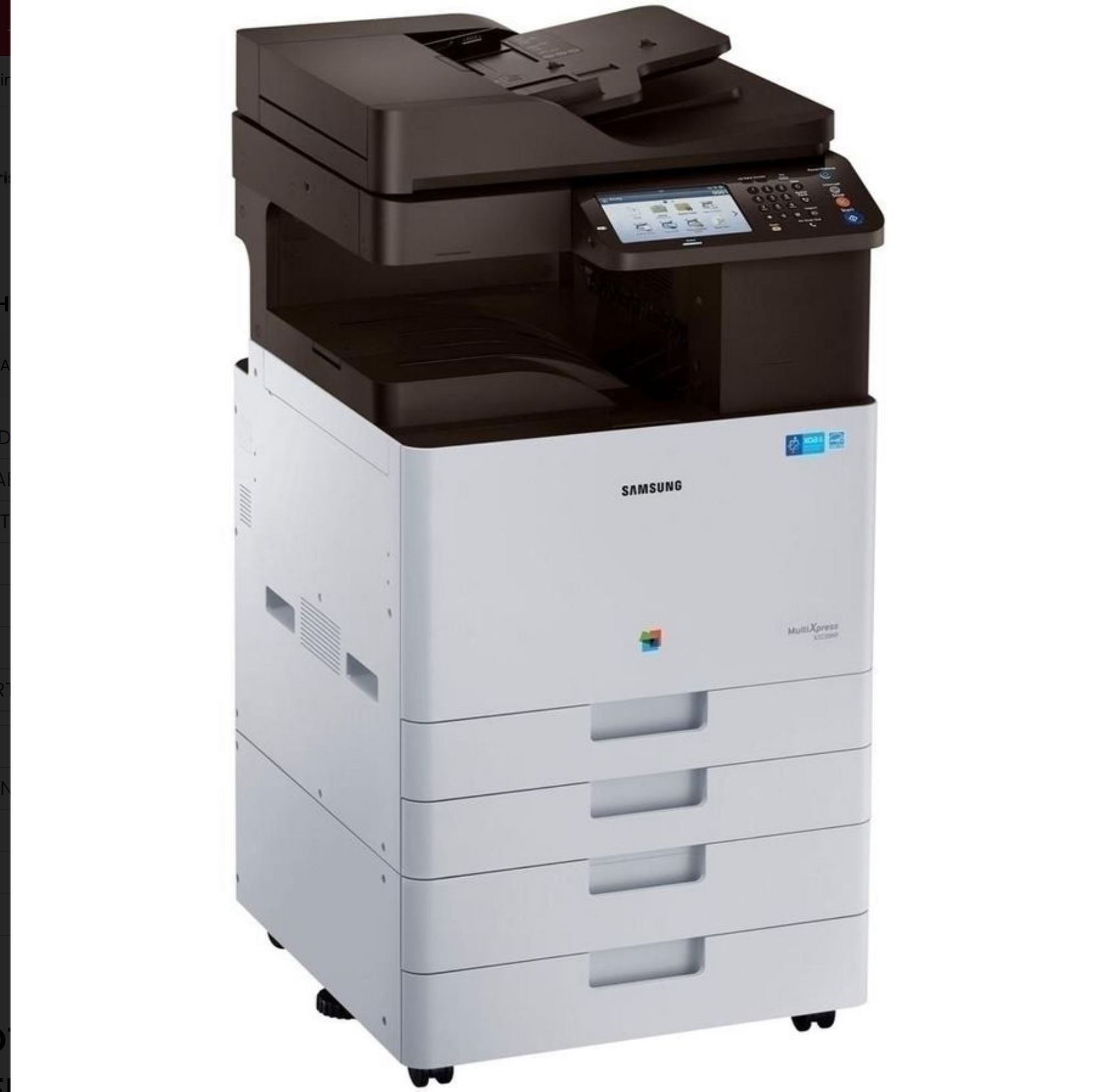 Una stampante Samsung è posizionata su una superficie bianca