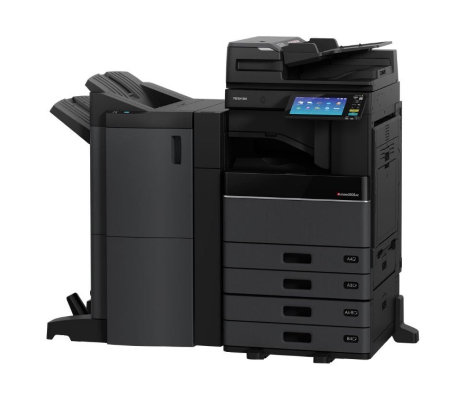 Una stampante nera è seduta sopra un tavolo bianco.