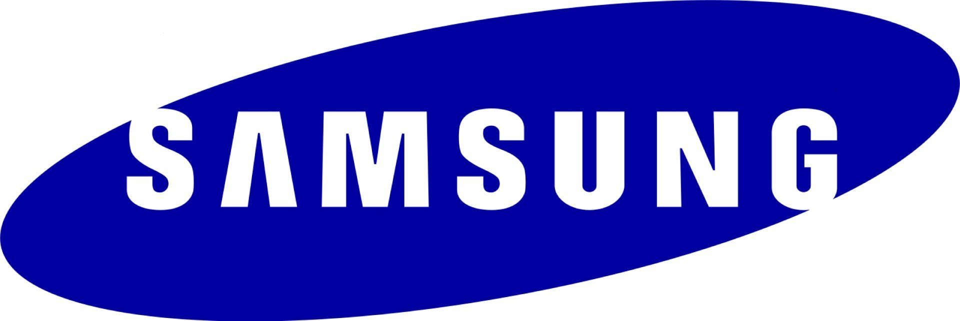 Un logo Samsung blu su sfondo bianco