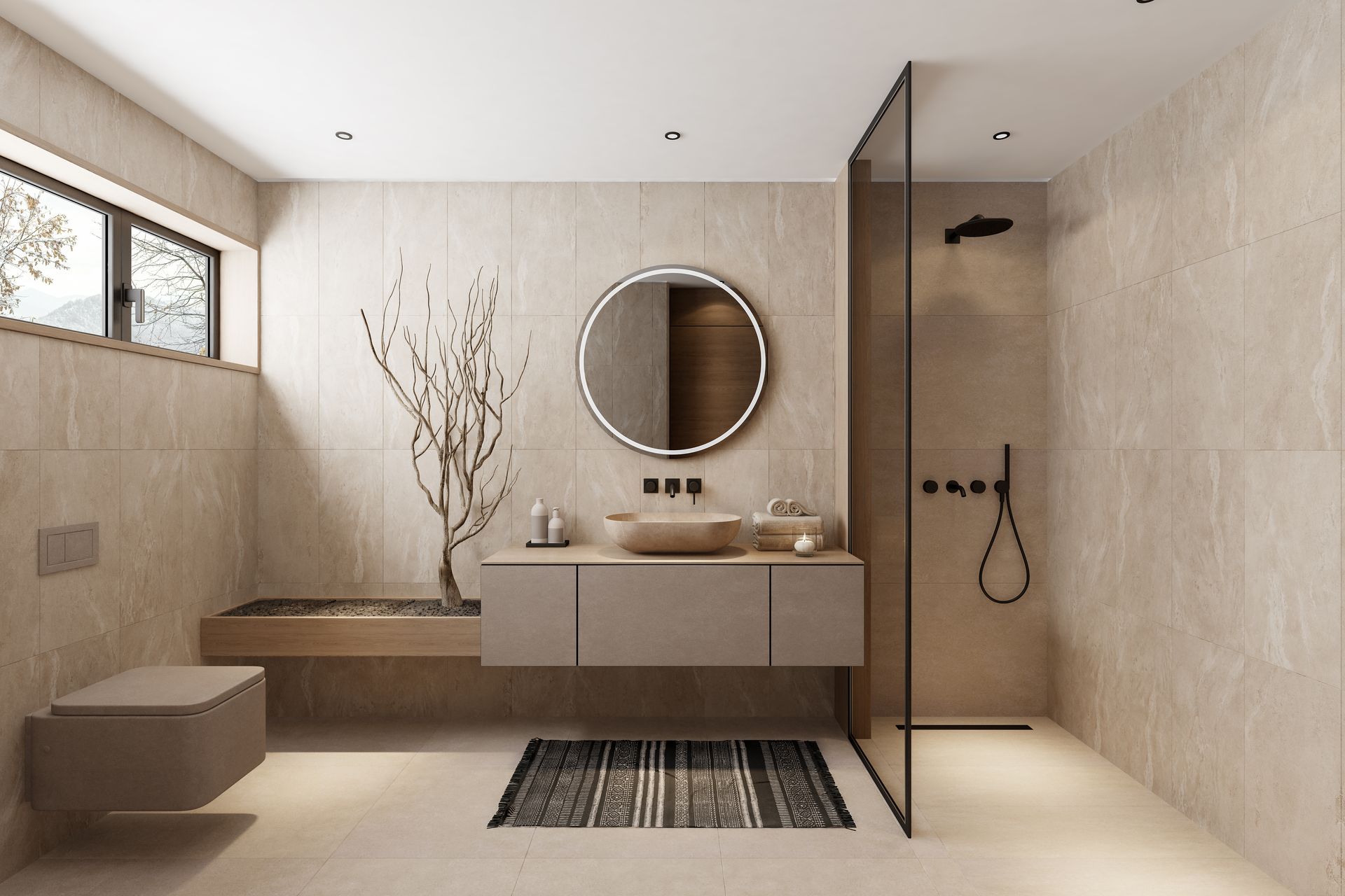 Bagno minimalista sui toni del beige con mobile lavabo sospeso, specchio rotondo, doccia, panca e tappeto intrecciato.