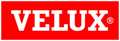 Logo VELUX in bianco su sfondo rettangolare rosso