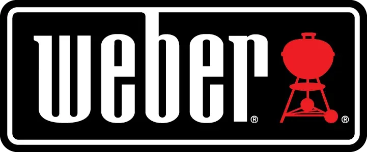 Logo Weber su sfondo nero con testo bianco e icona rossa del barbecue a carbone.