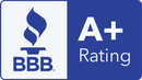 BBB A+ Rating logo: Blue background, white flame, and