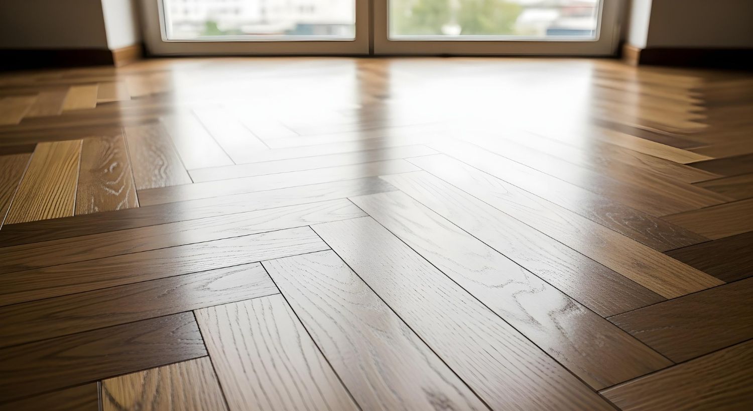 Close-up view of a polished herringbone hardwood floor reflecting sunlight from a window.