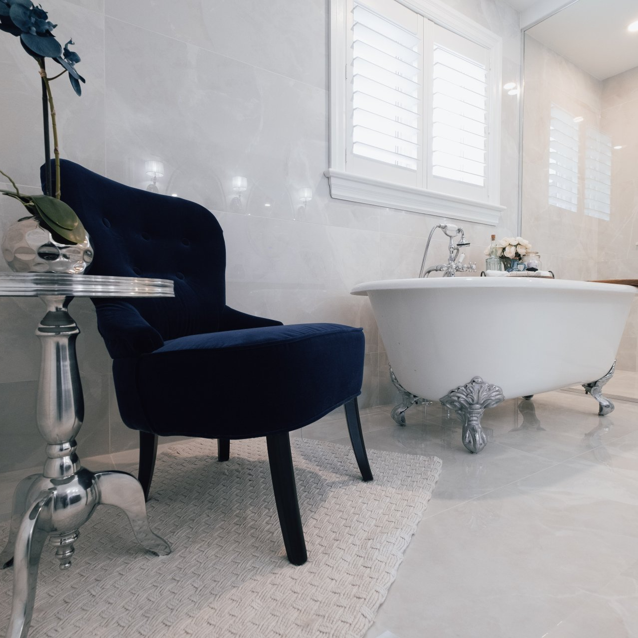 completed plumbing project residential bathroom freestanding bathtub