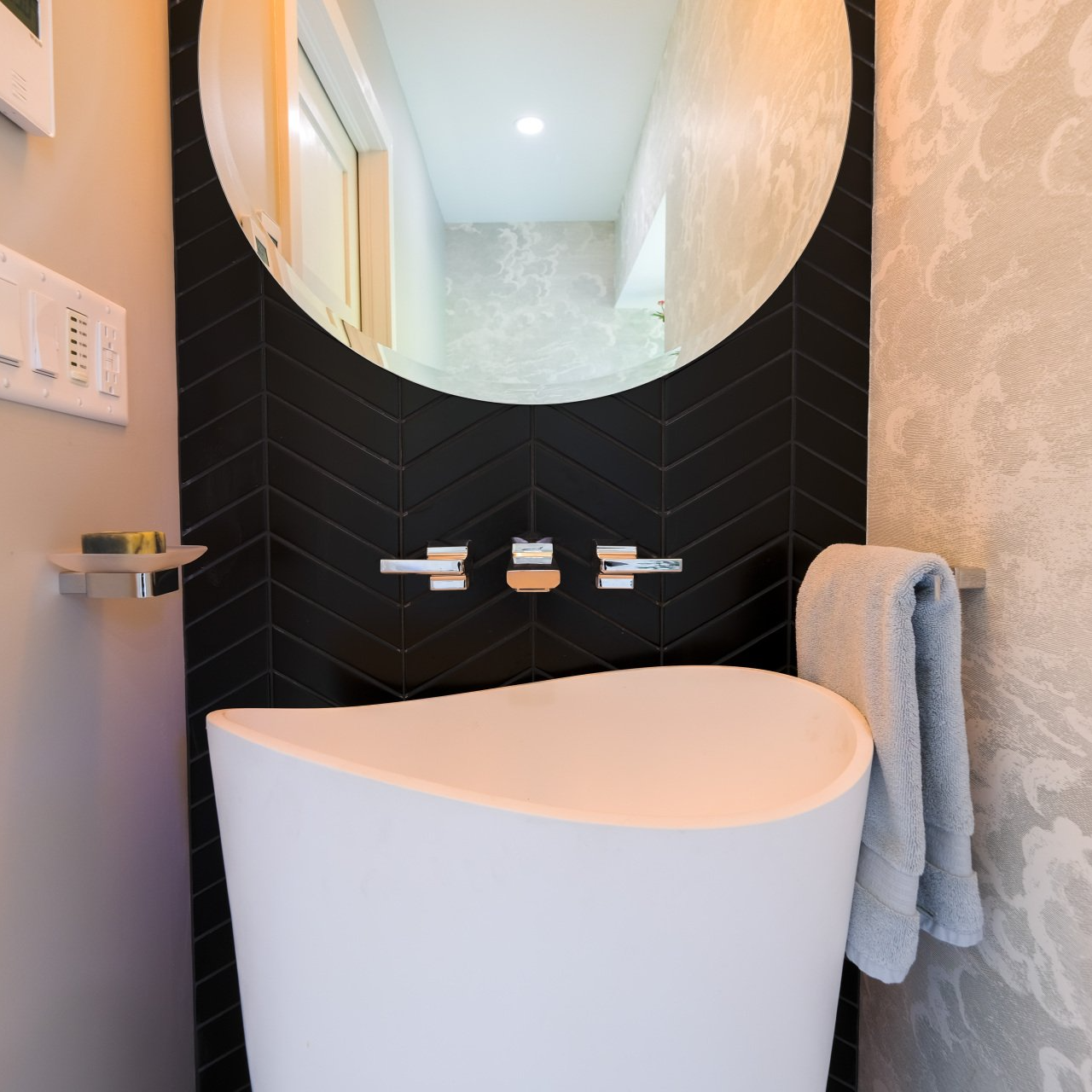 completed plumbing project residential bathroom freestanding bathtub