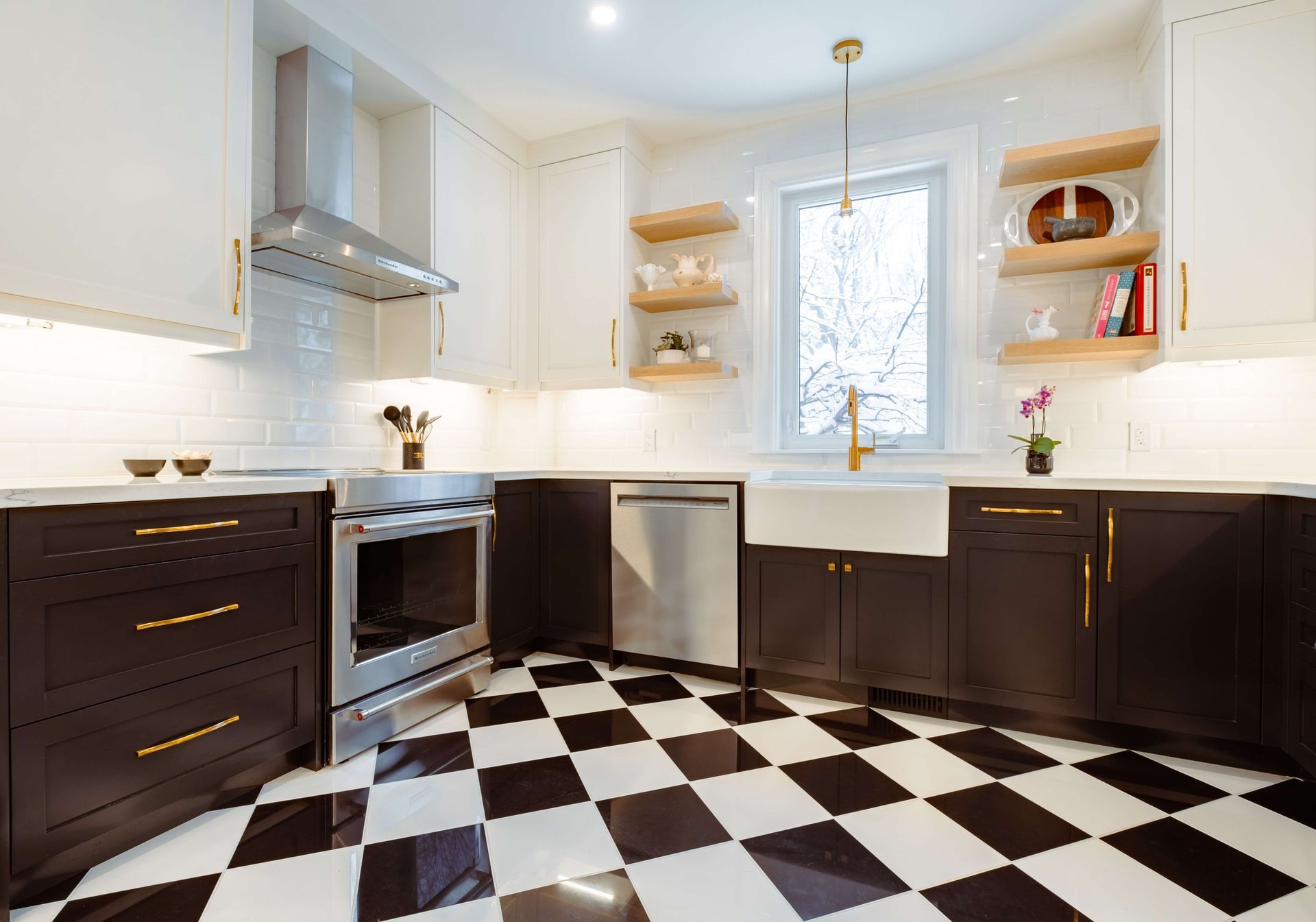 black and white tiled flooring in modern residential kitchen