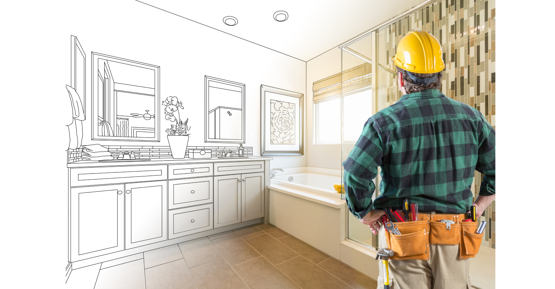 A construction worker is standing in a bathroom next to a drawing of a kitchen.