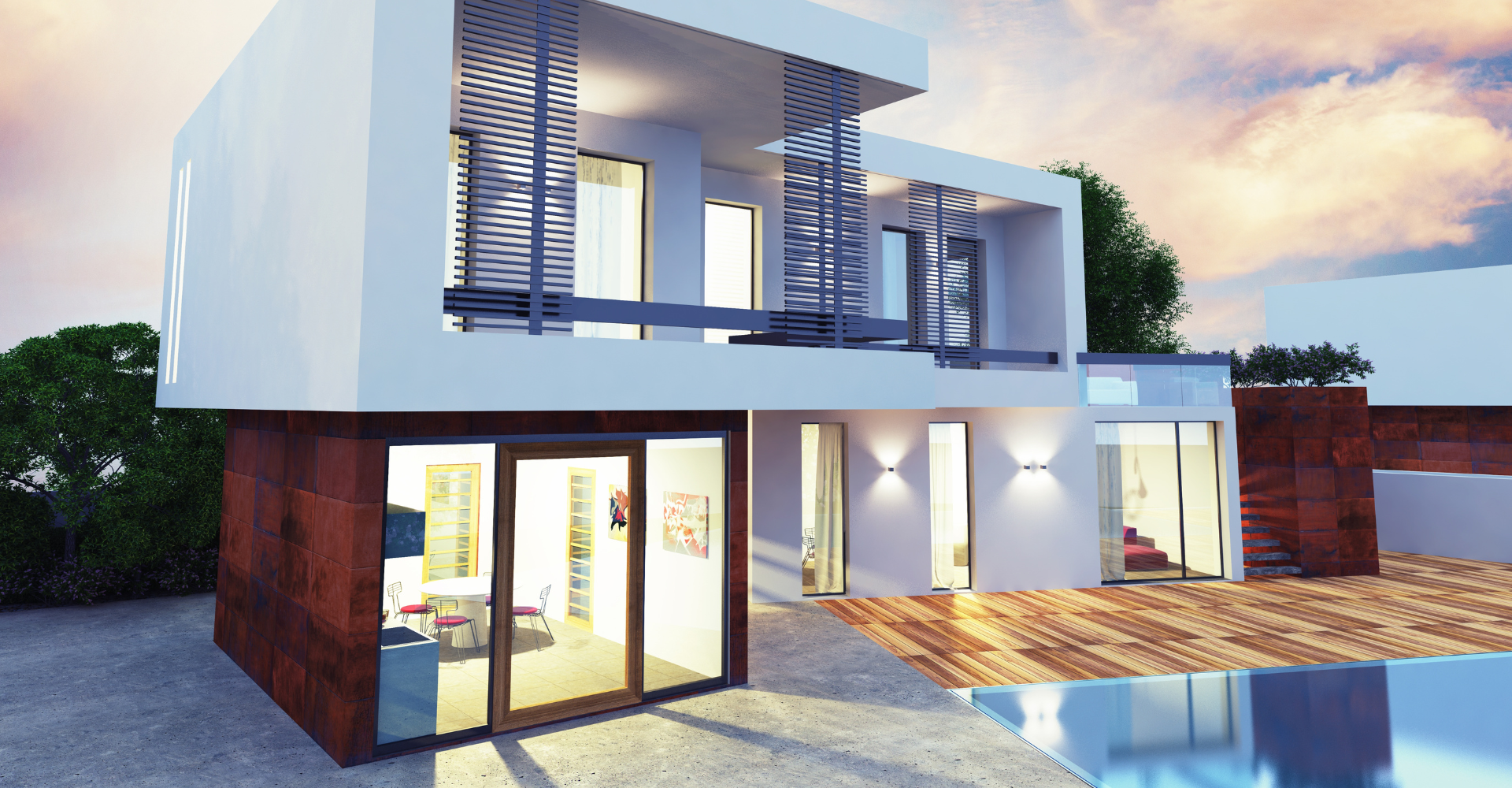 An artist 's impression of a modern house with a swimming pool