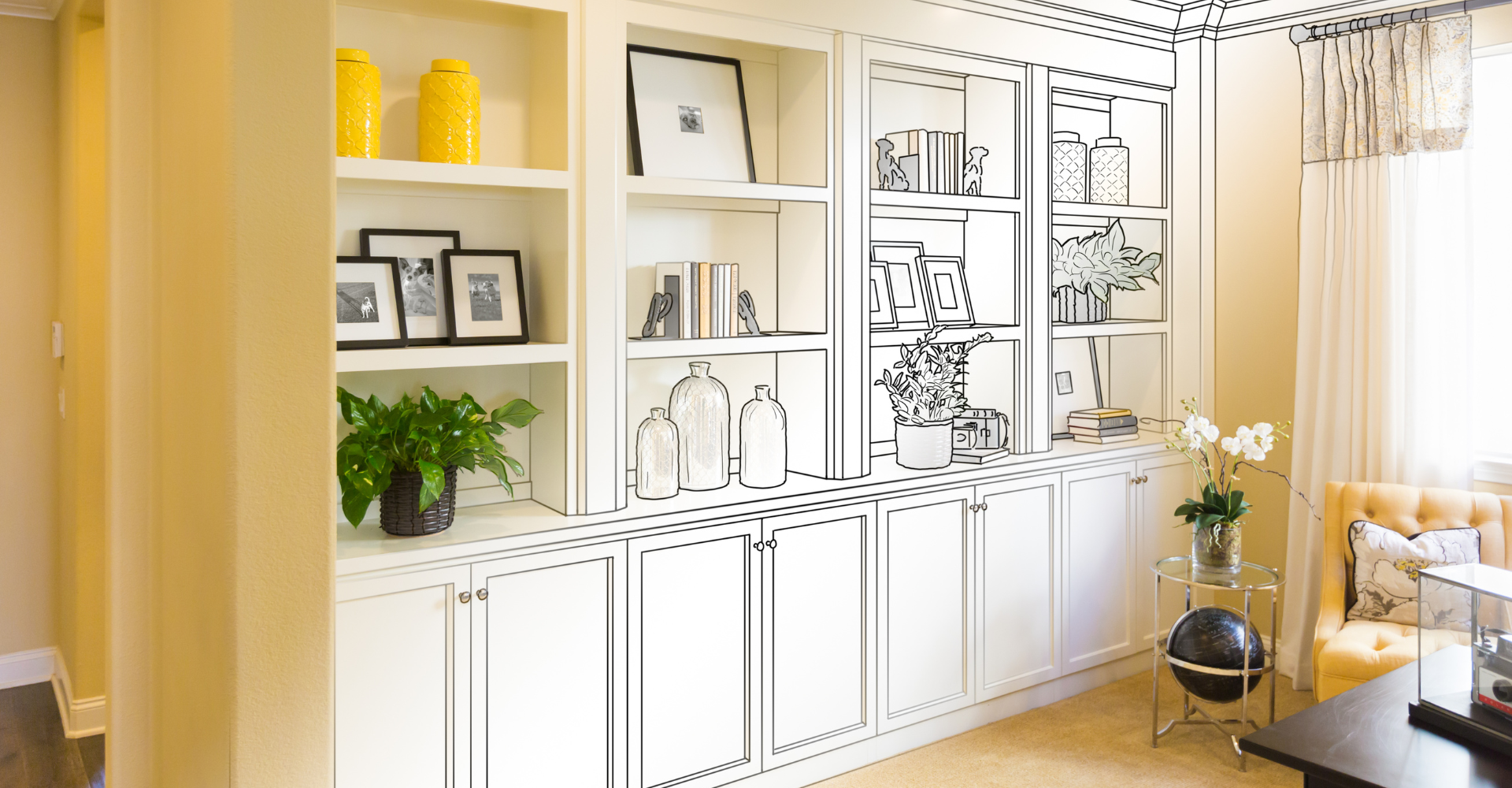 A living room with a lot of shelves and a chair.