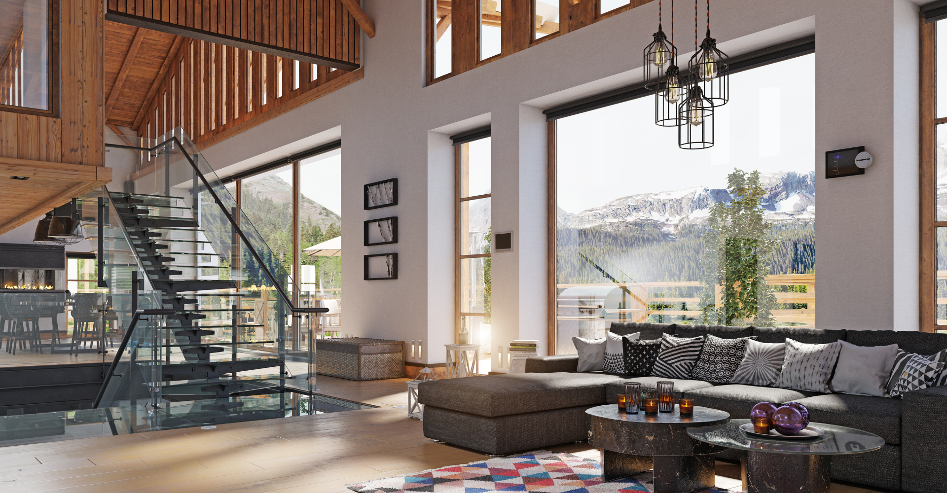 A living room with a lot of windows and a staircase.