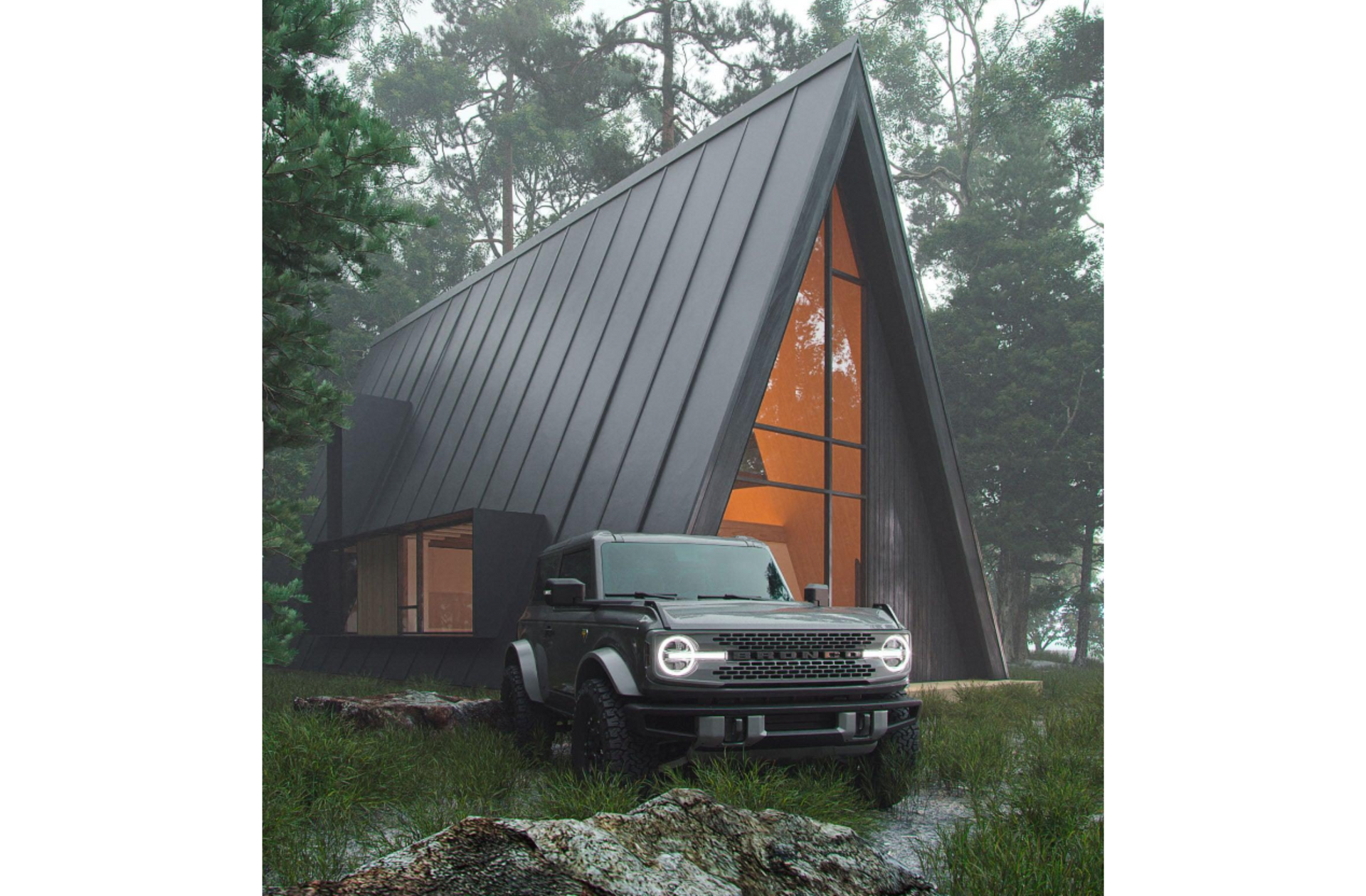 A black car is parked in front of a black a frame house in the woods.