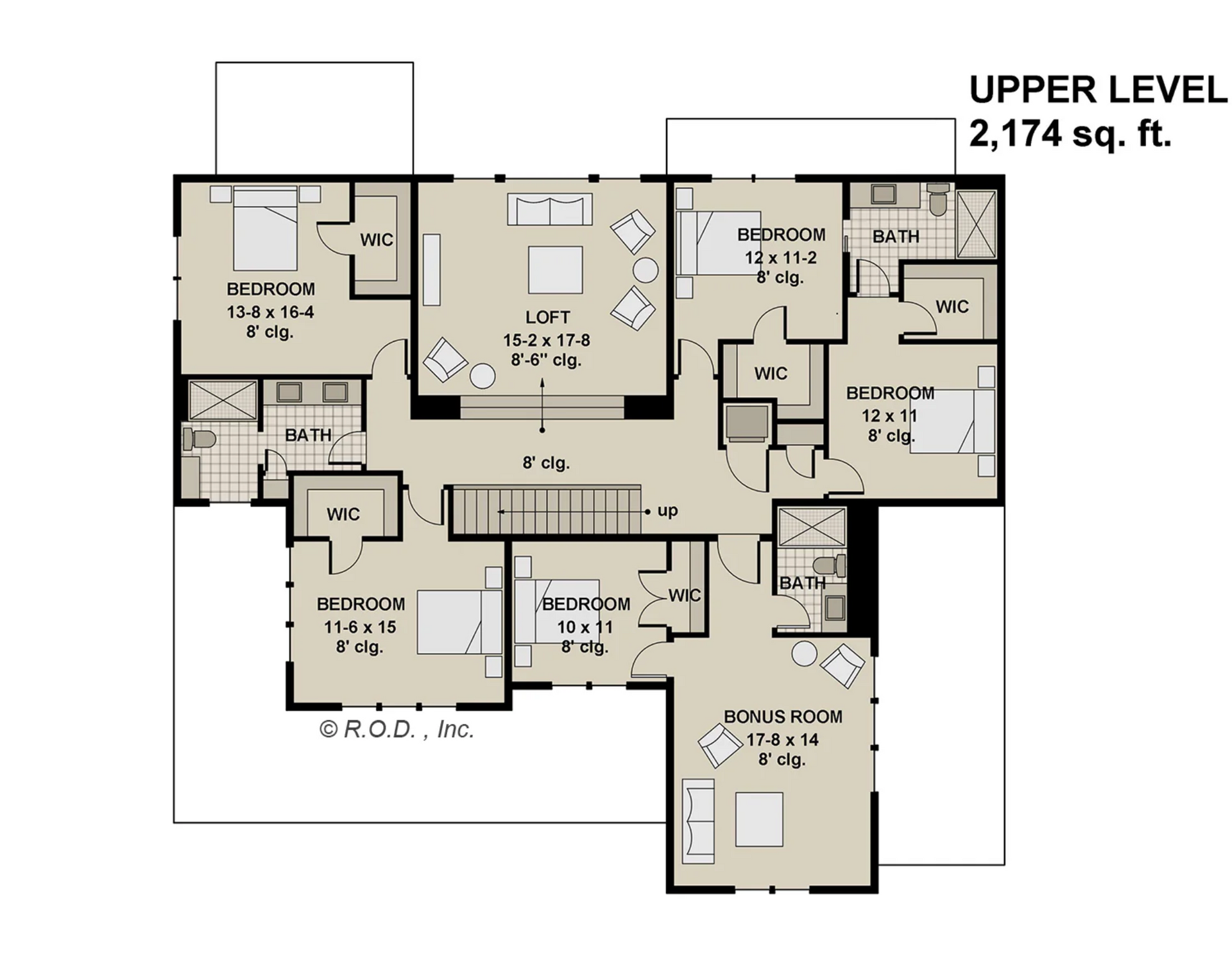 A floor plan showing the upper level of a house