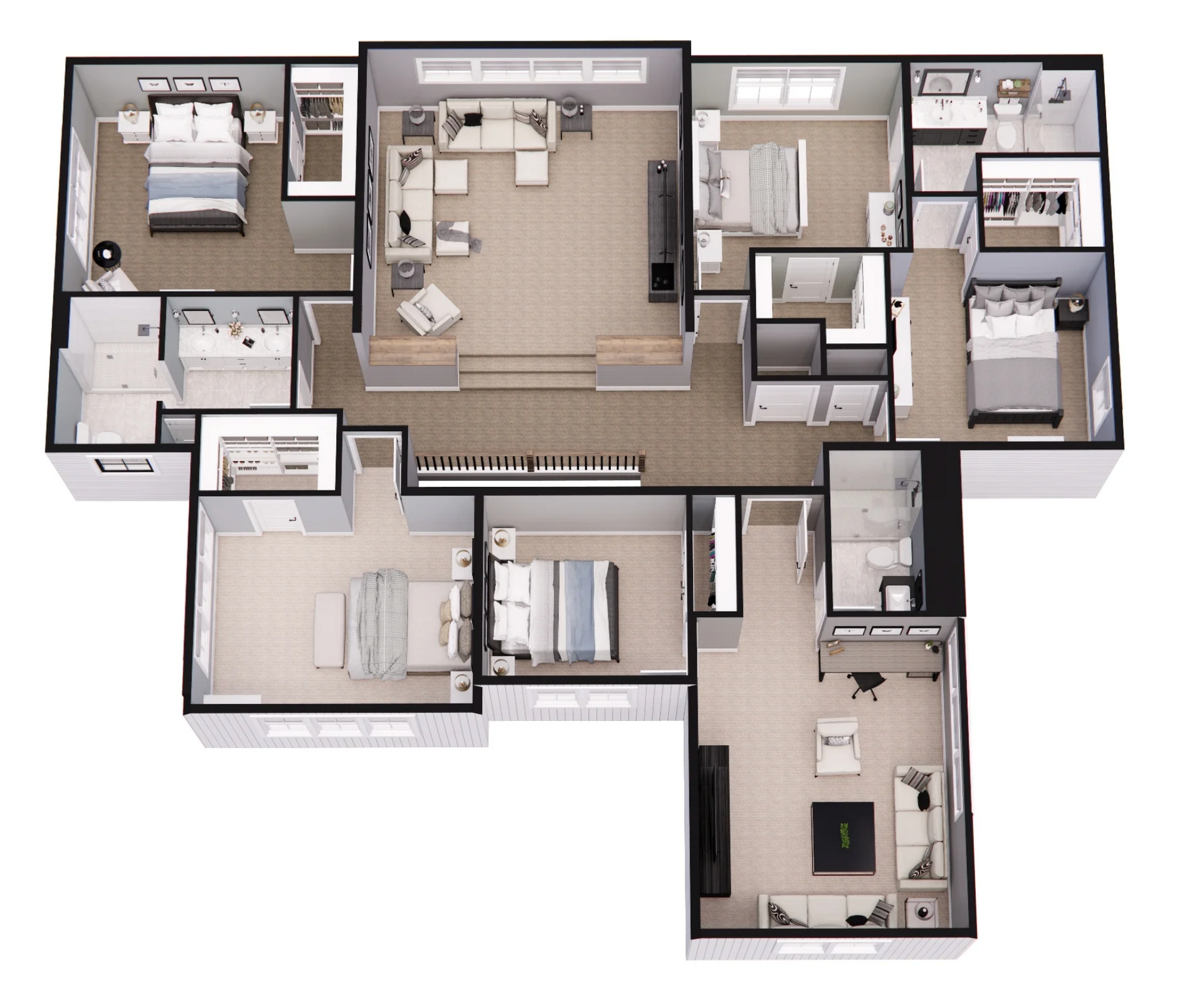 A 3d floor plan of a house with a lot of rooms