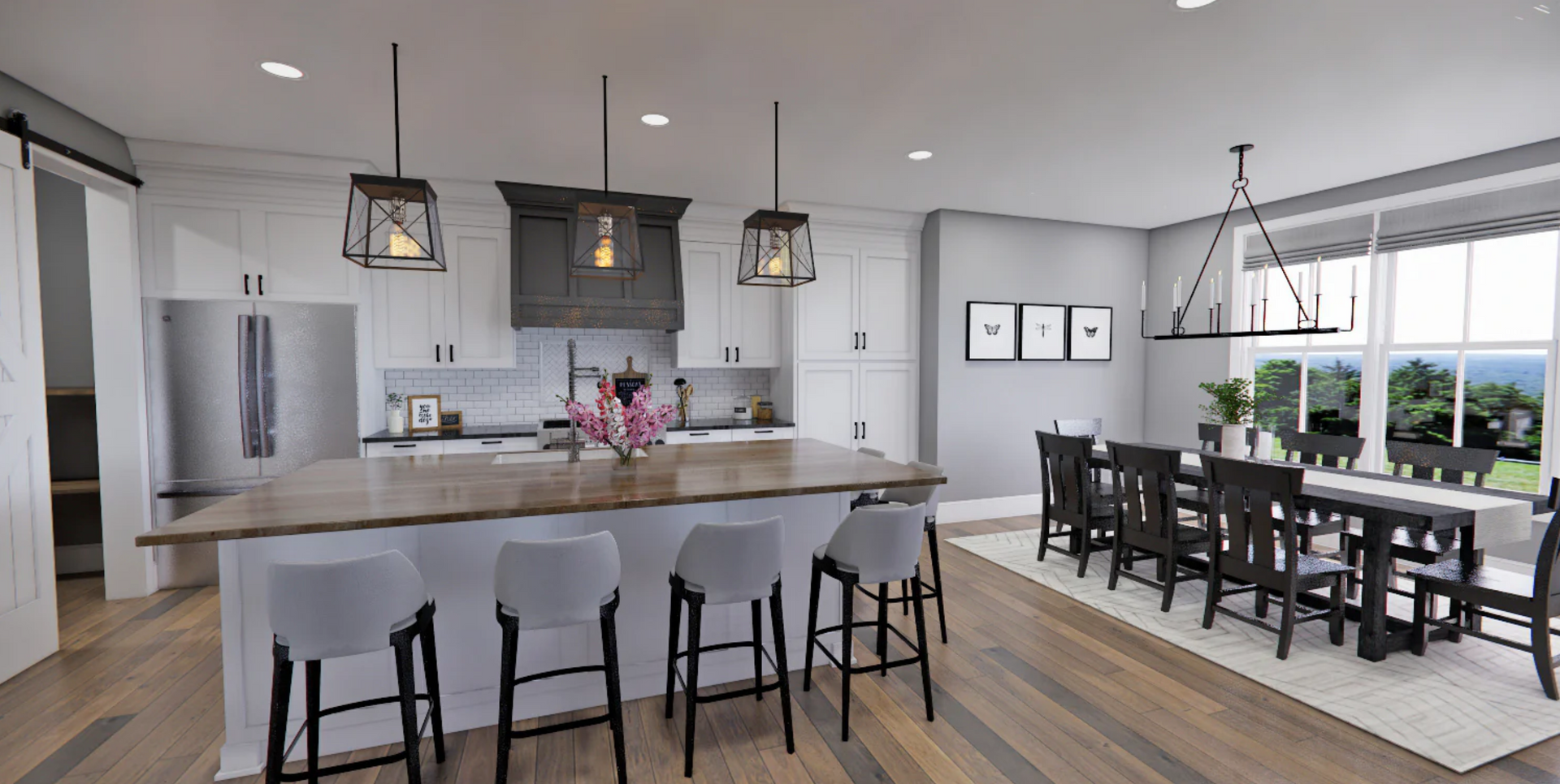 An artist 's impression of a kitchen and dining room in a house.