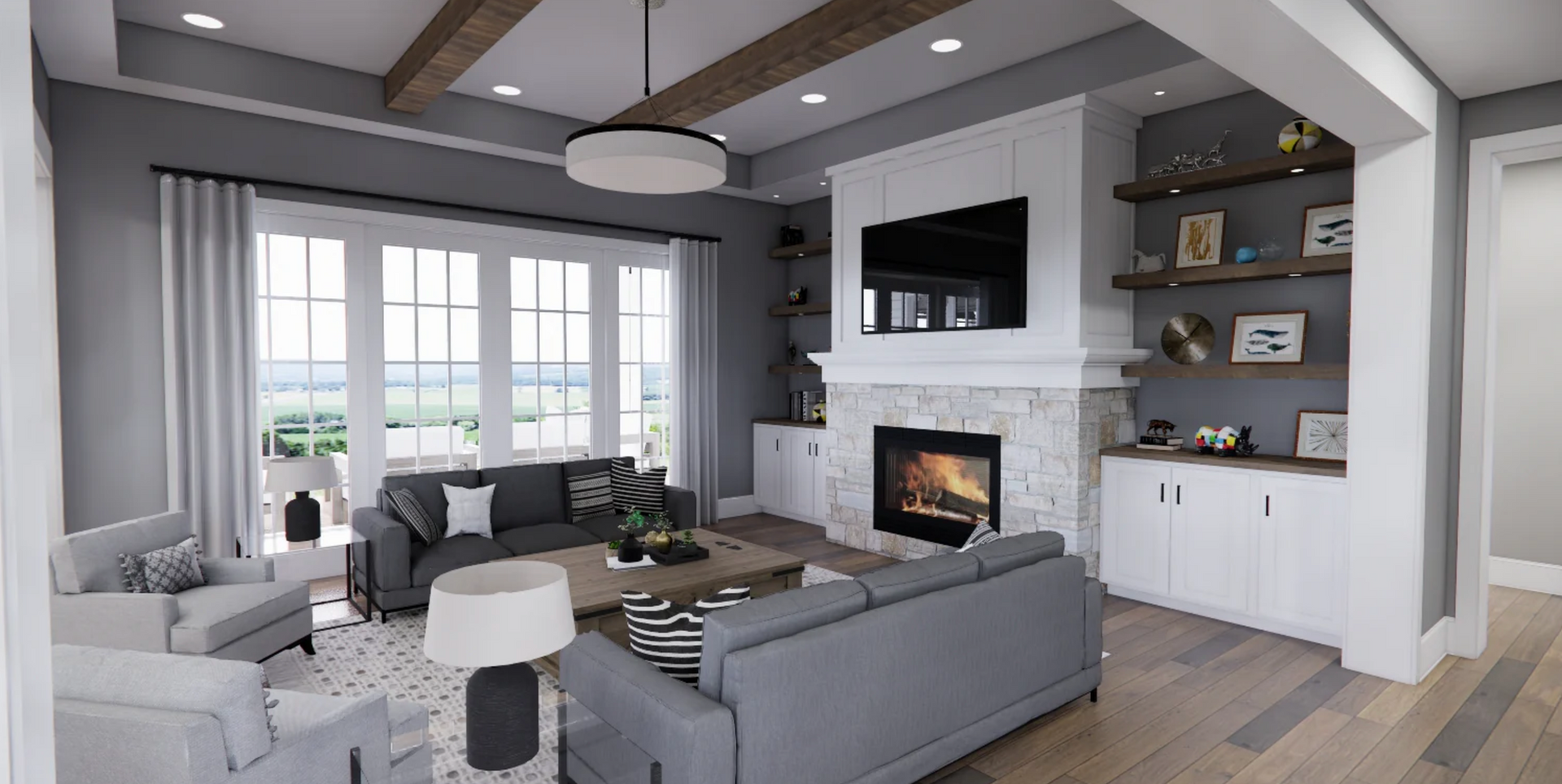 A living room with a couch , chairs , and a fireplace.