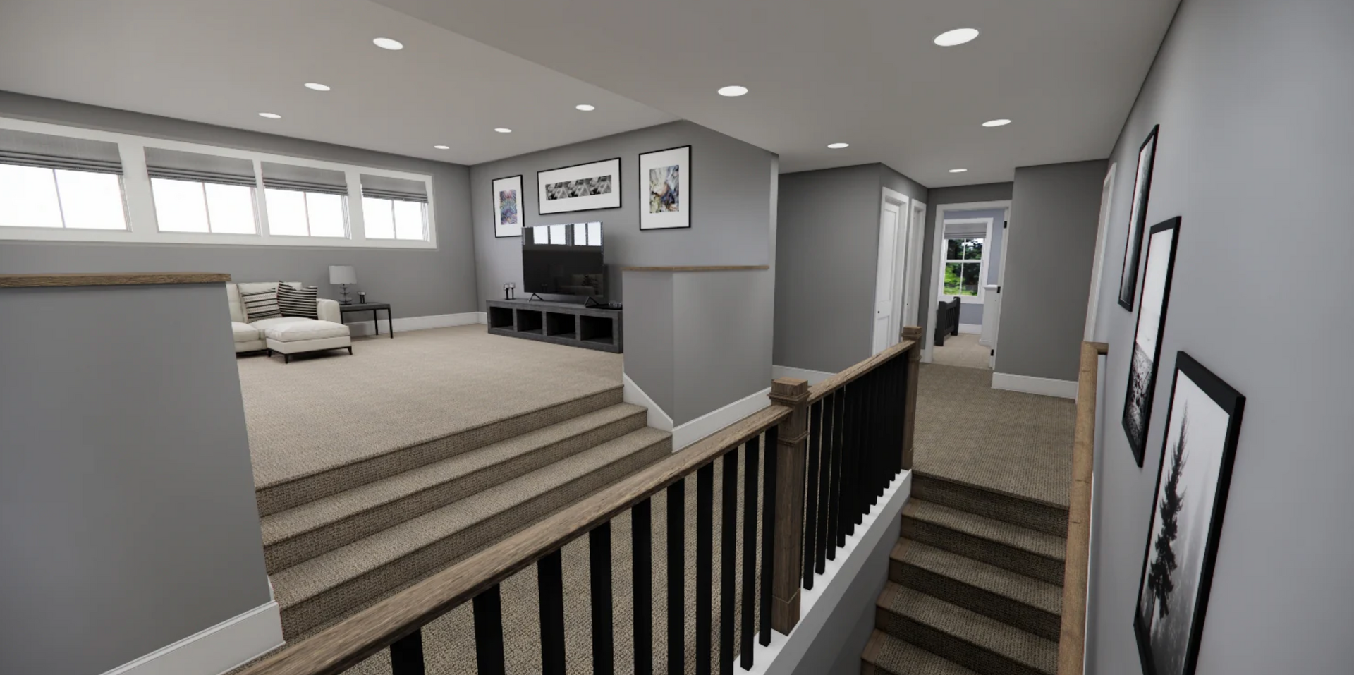 An artist 's impression of a basement with stairs and a living room.