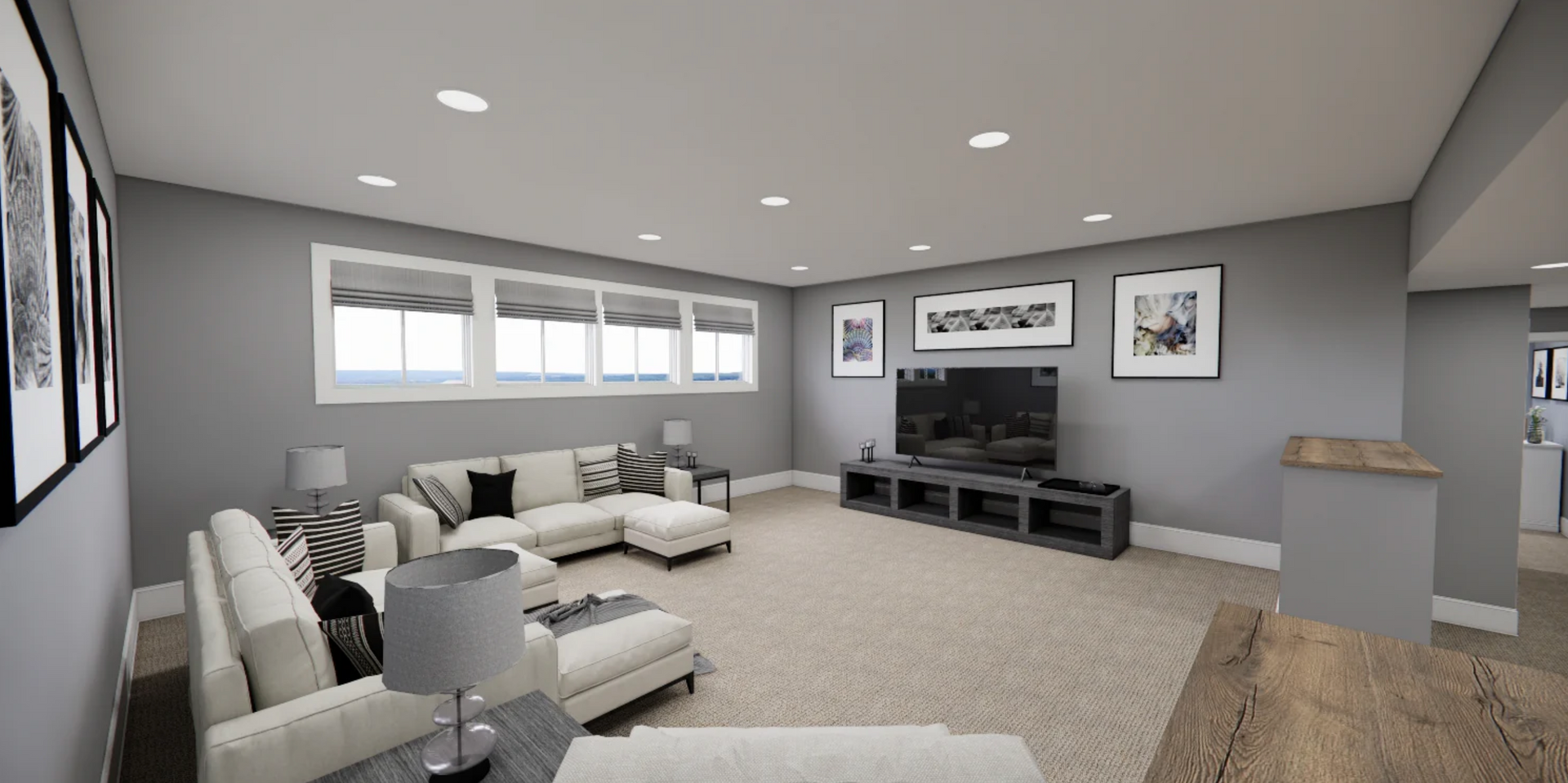 An artist 's impression of a living room with a couch and a television.