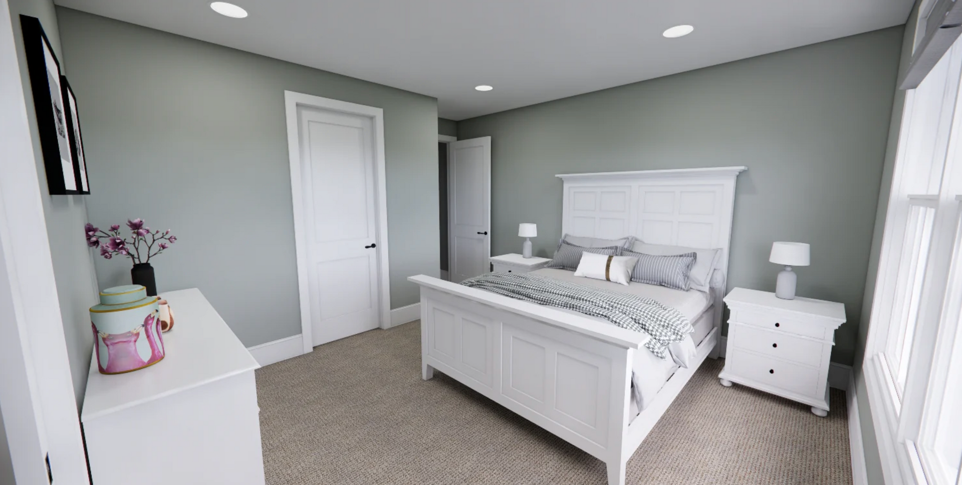 A bedroom with a bed , nightstand , dresser and window.