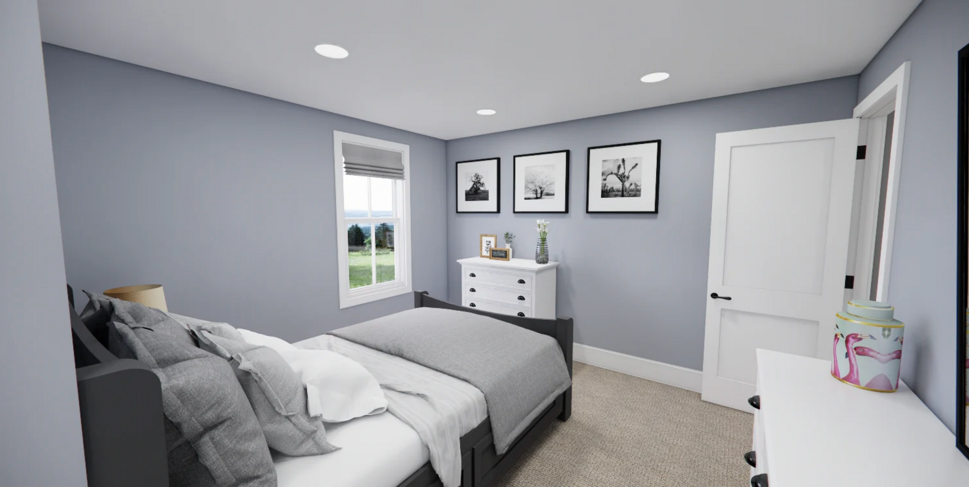 A bedroom with a bed , dresser , mirror and window.