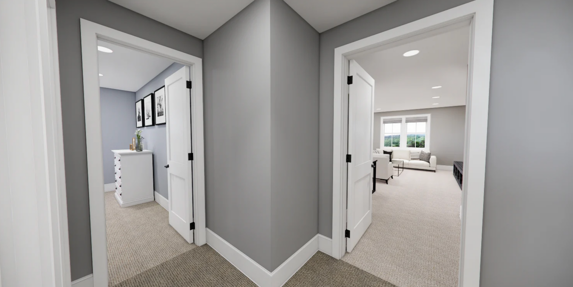 A hallway leading to a living room and a bathroom in a house.