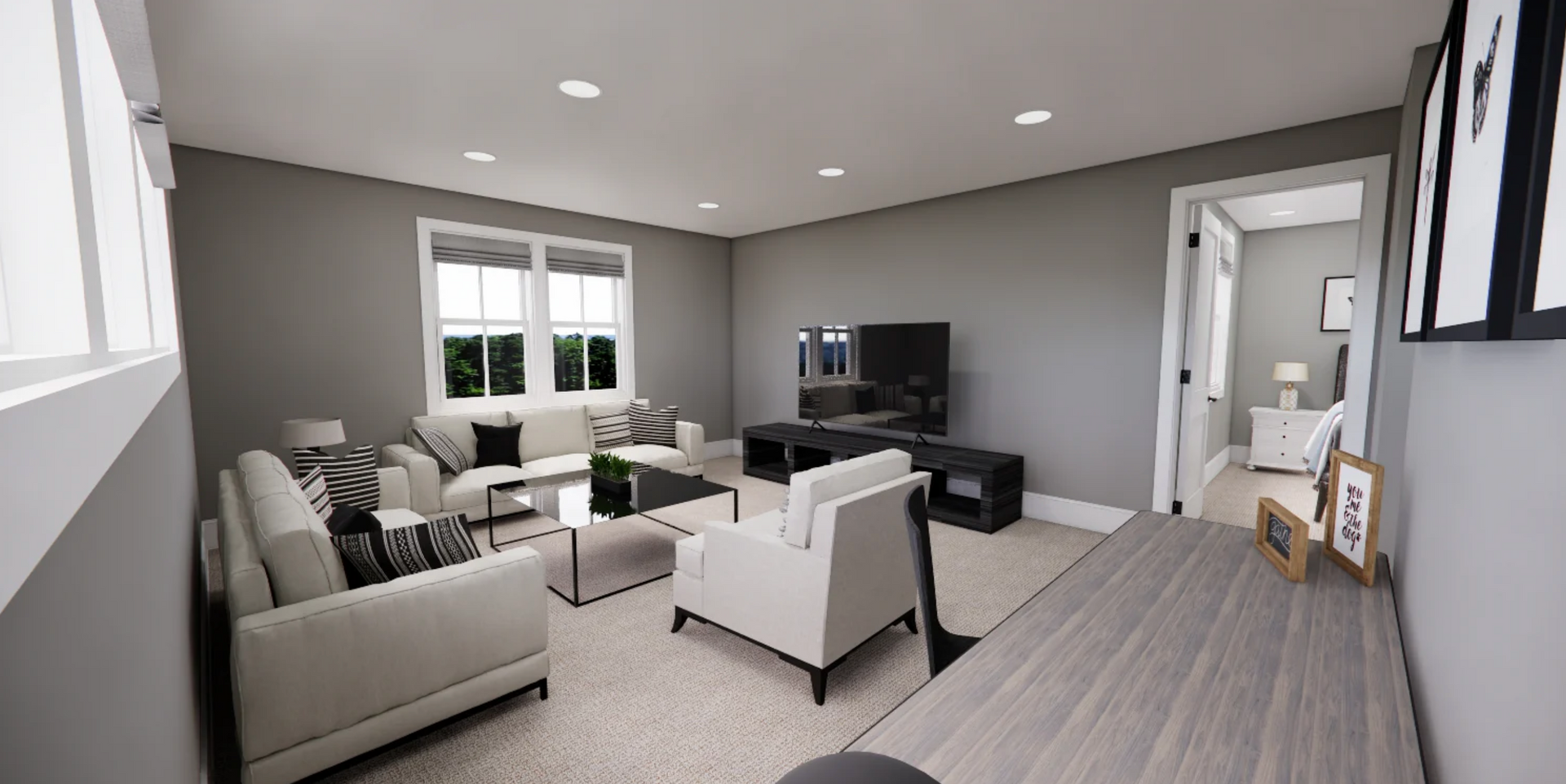 A living room with a couch , chair , desk and television.