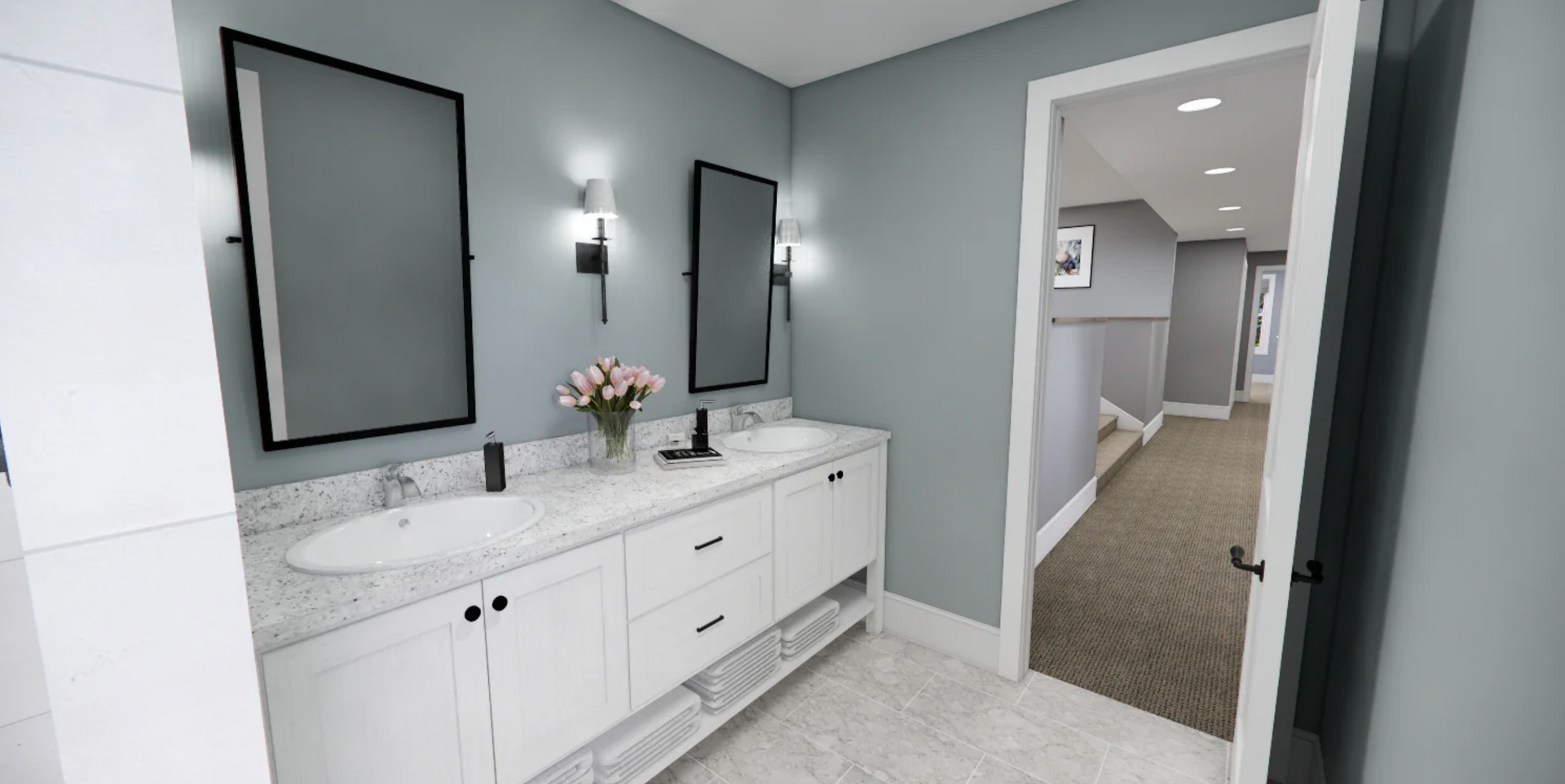 A bathroom with two sinks , two mirrors and a hallway.