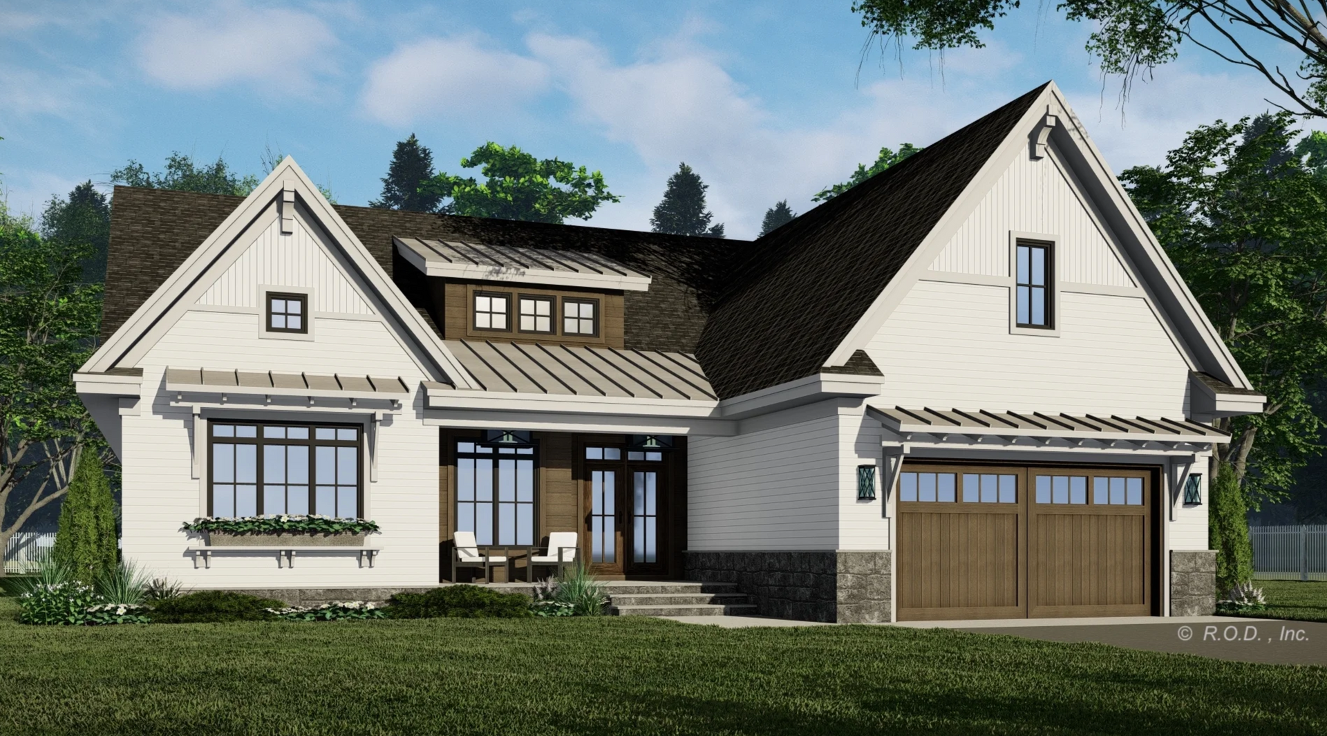 A white house with a brown garage door is sitting on top of a lush green field.