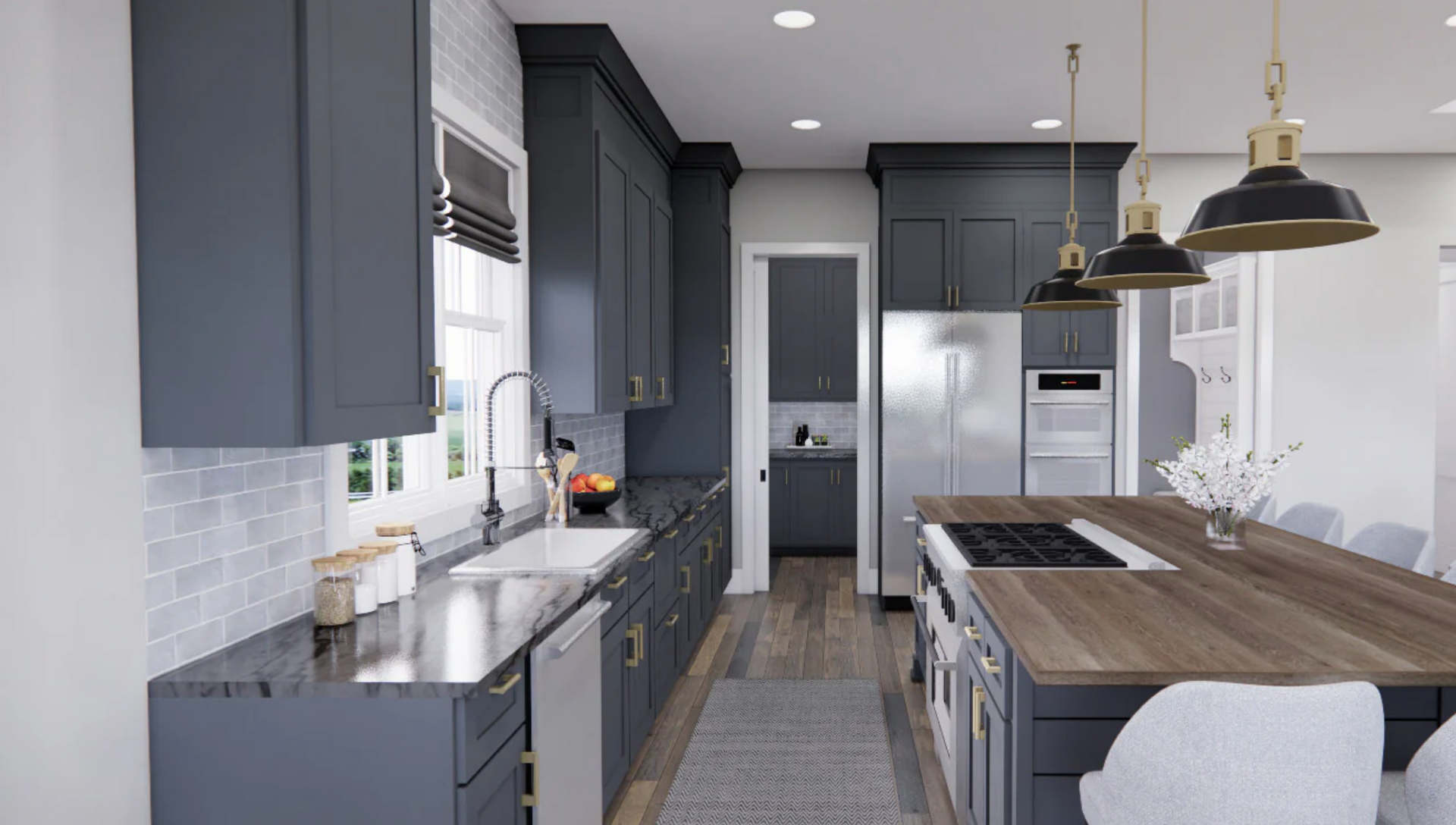 A kitchen with gray cabinets , stainless steel appliances , a large island , and a sink.