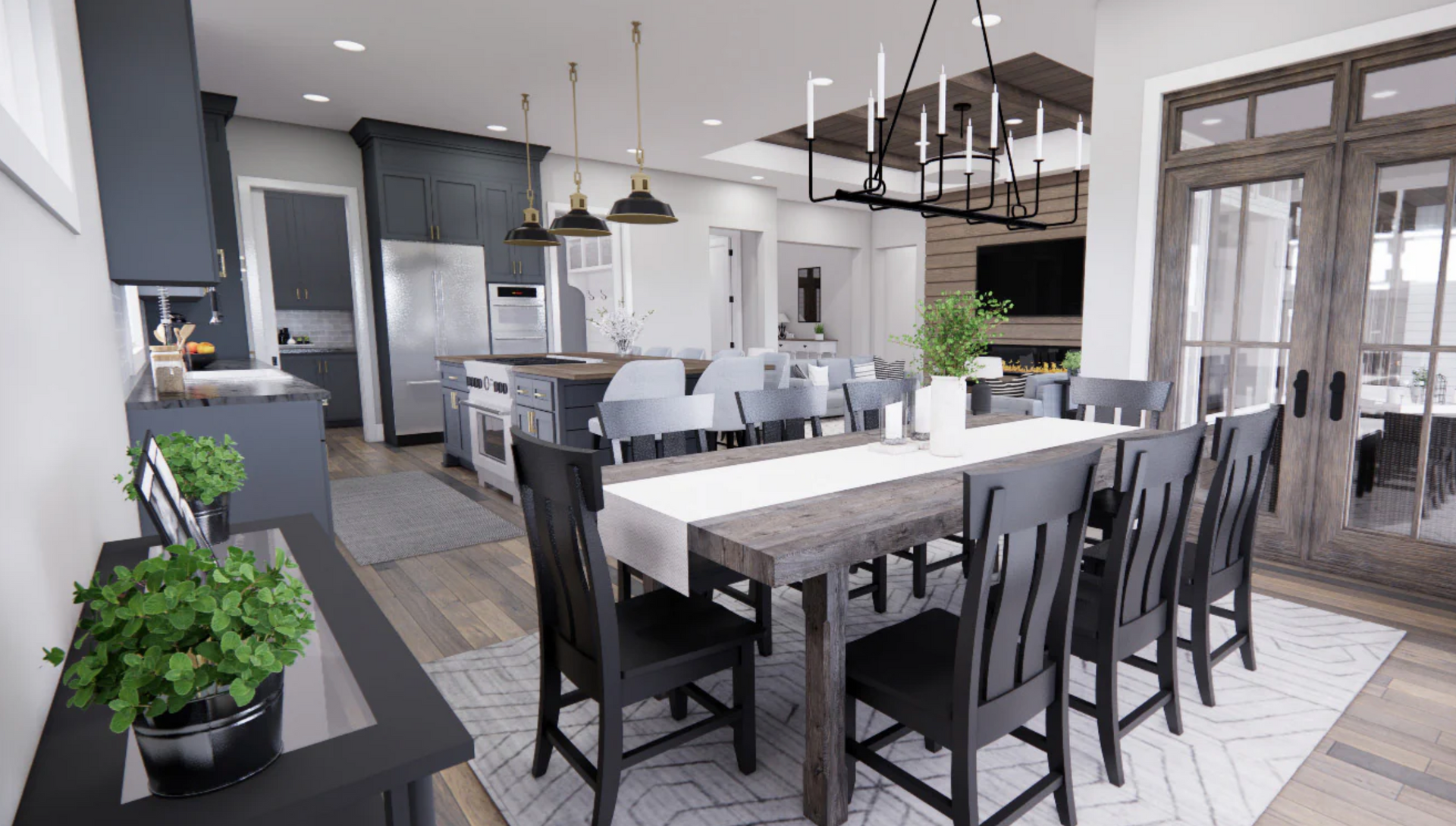 A dining room with a long table and chairs and a kitchen in the background.