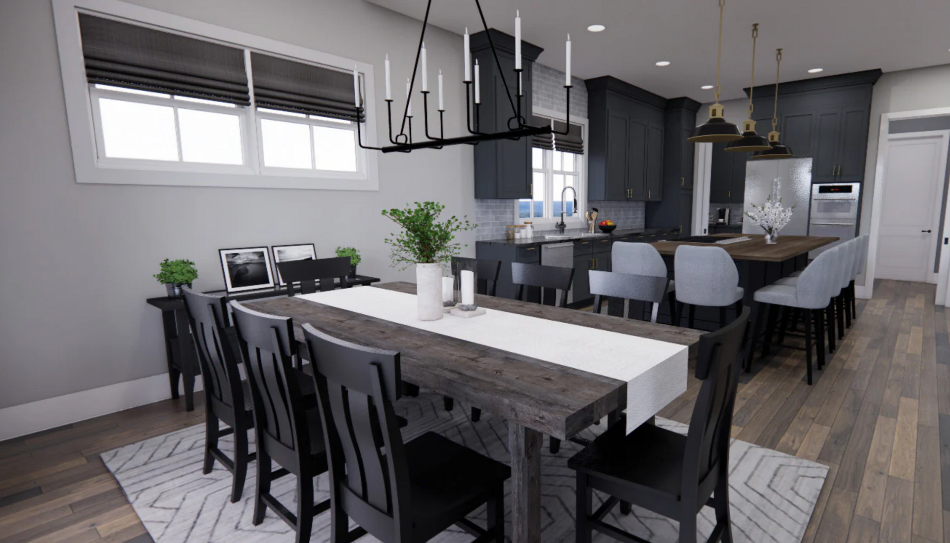 A dining room with a long table and chairs and a kitchen in the background.