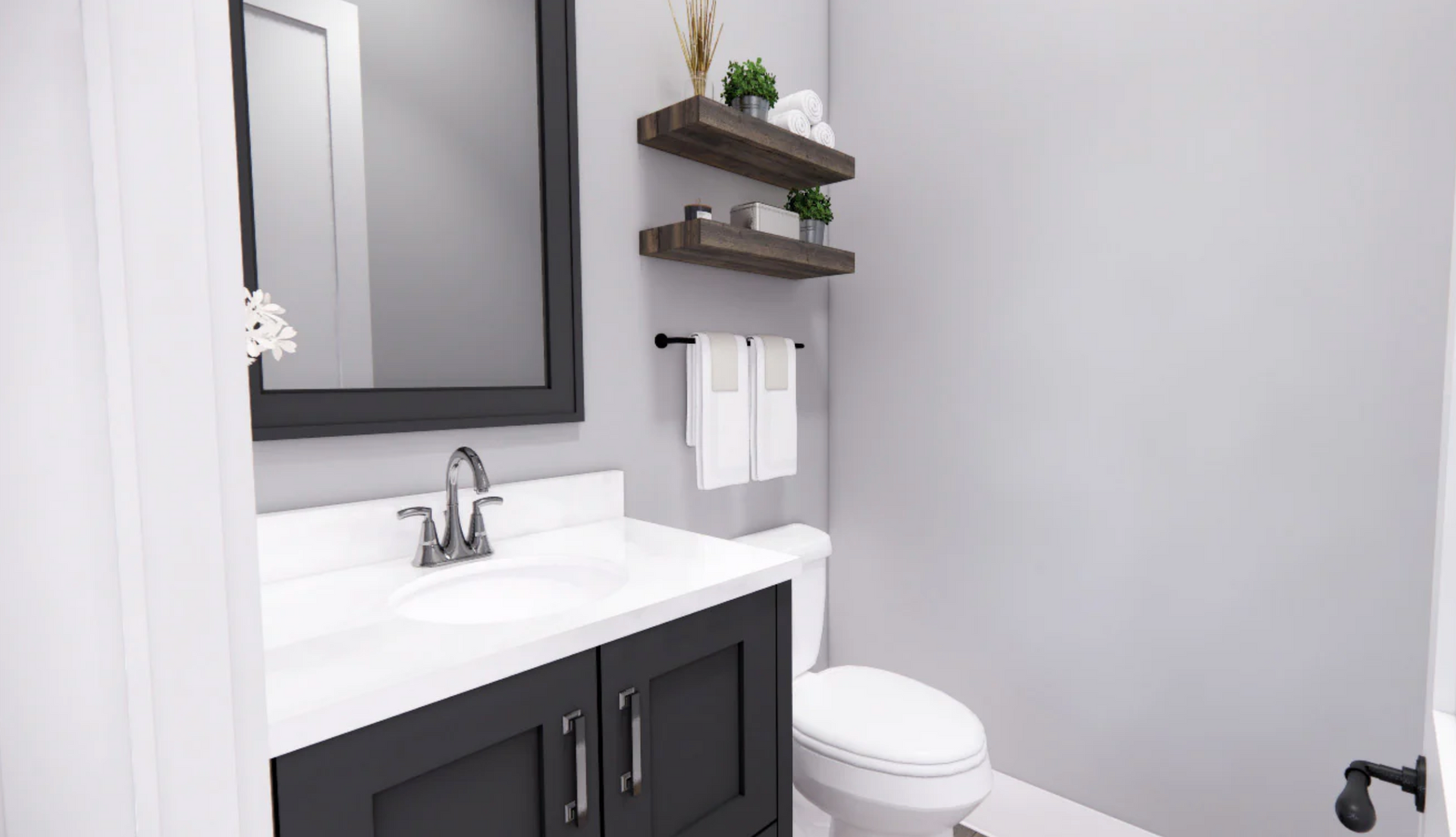 A bathroom with a sink , toilet , mirror and shelves.