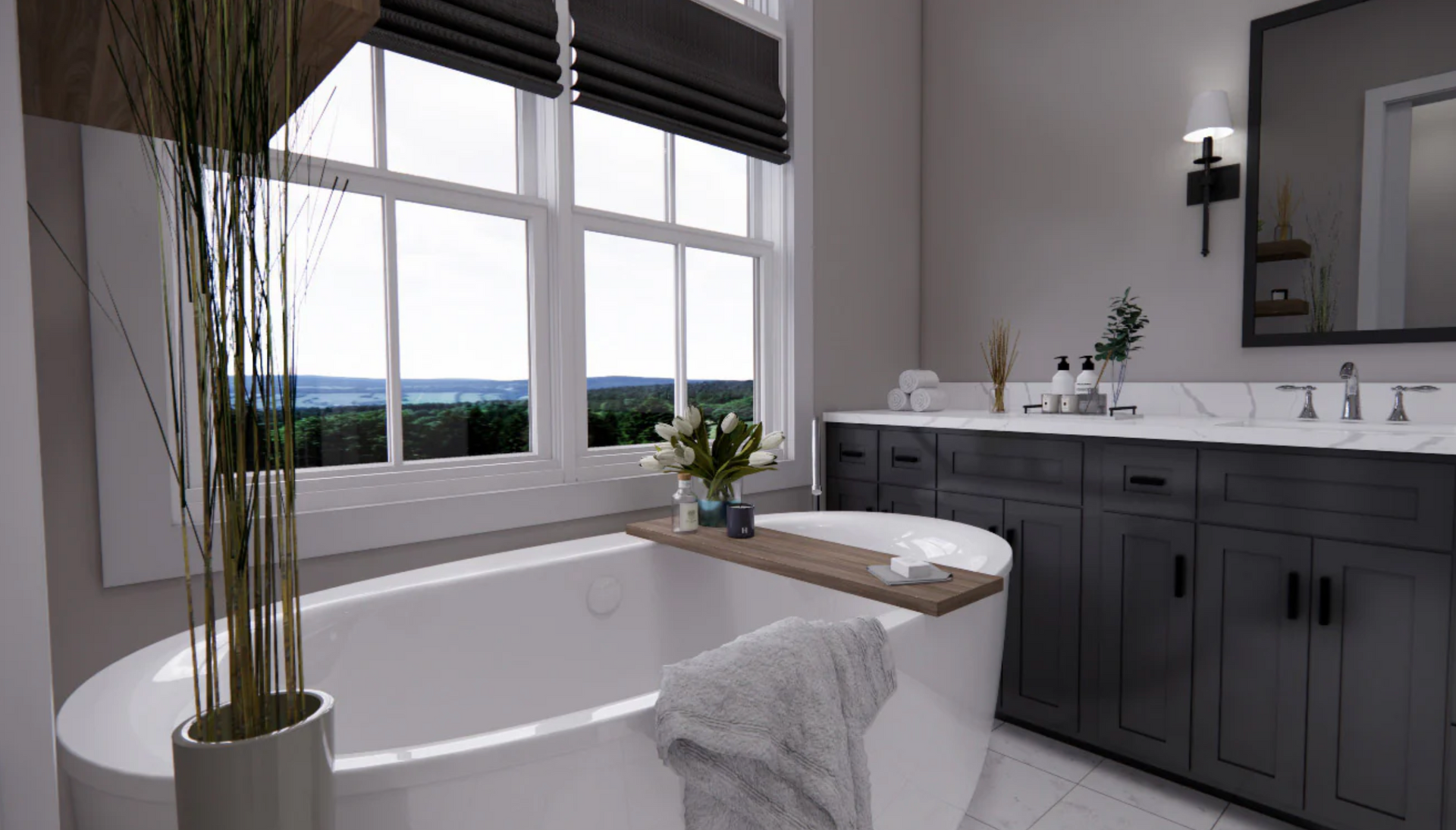 A bathroom with a tub , sink , mirror and window.