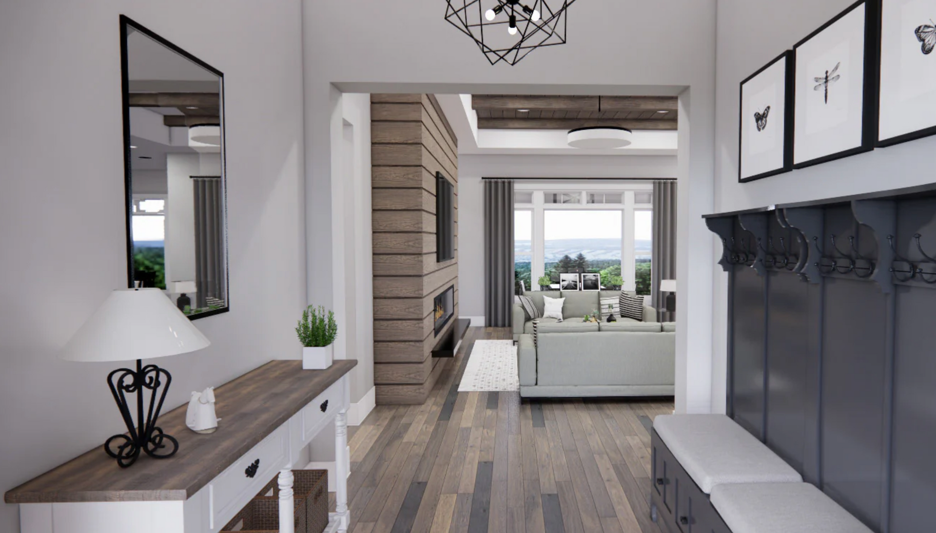 A hallway in a house with a table and a mirror.