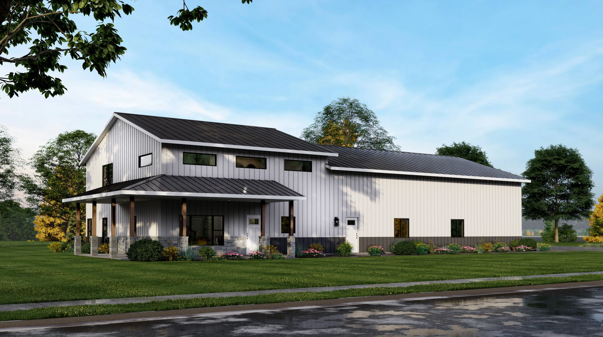 A white house with a brown garage door is sitting on top of a lush green field.