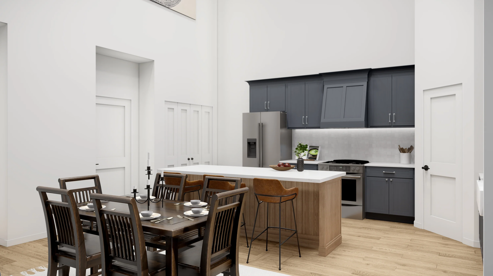 An artist 's impression of a kitchen and dining room in a house.