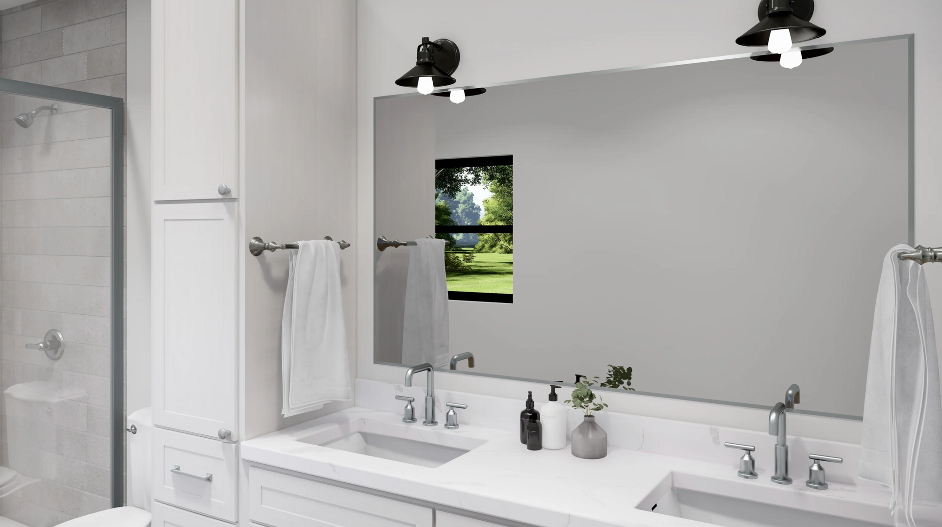 A bathroom with two sinks and a large mirror.