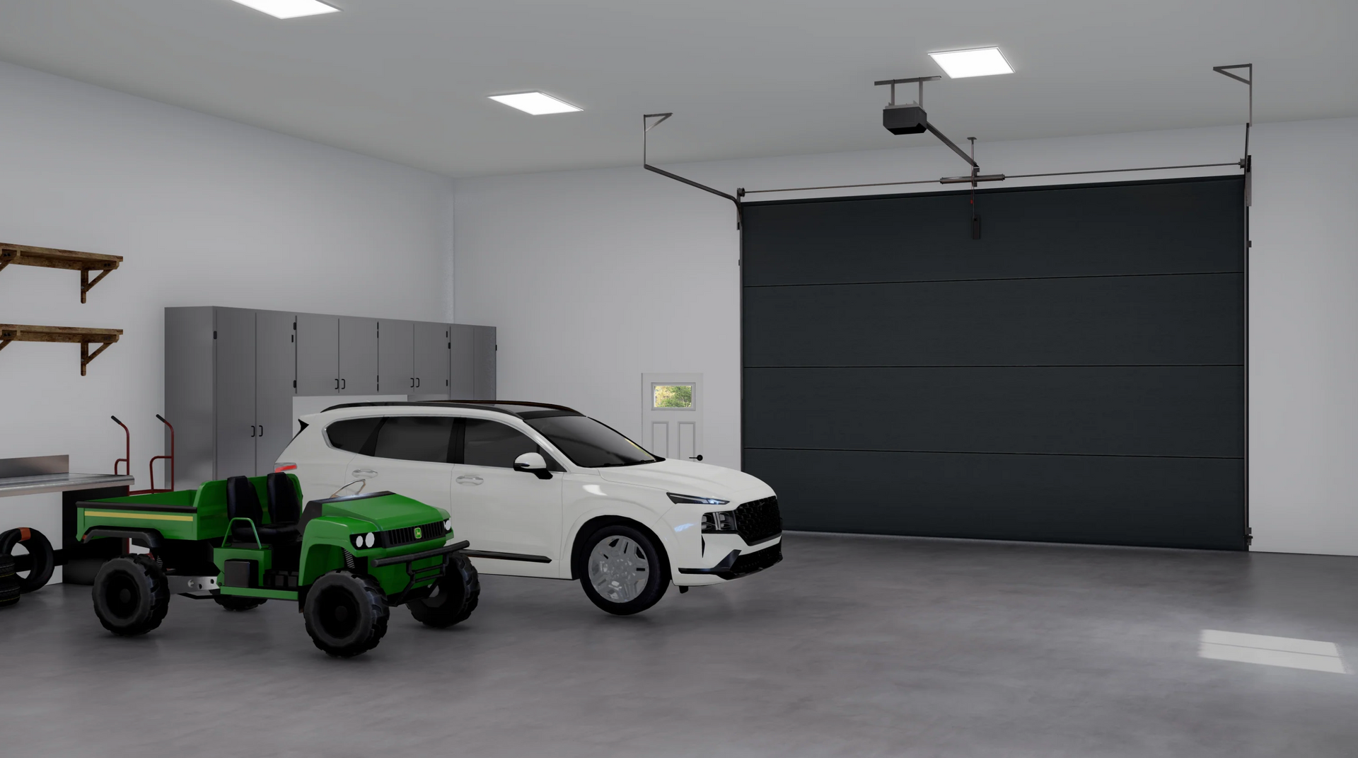 A white suv and a green atv are parked in a garage.