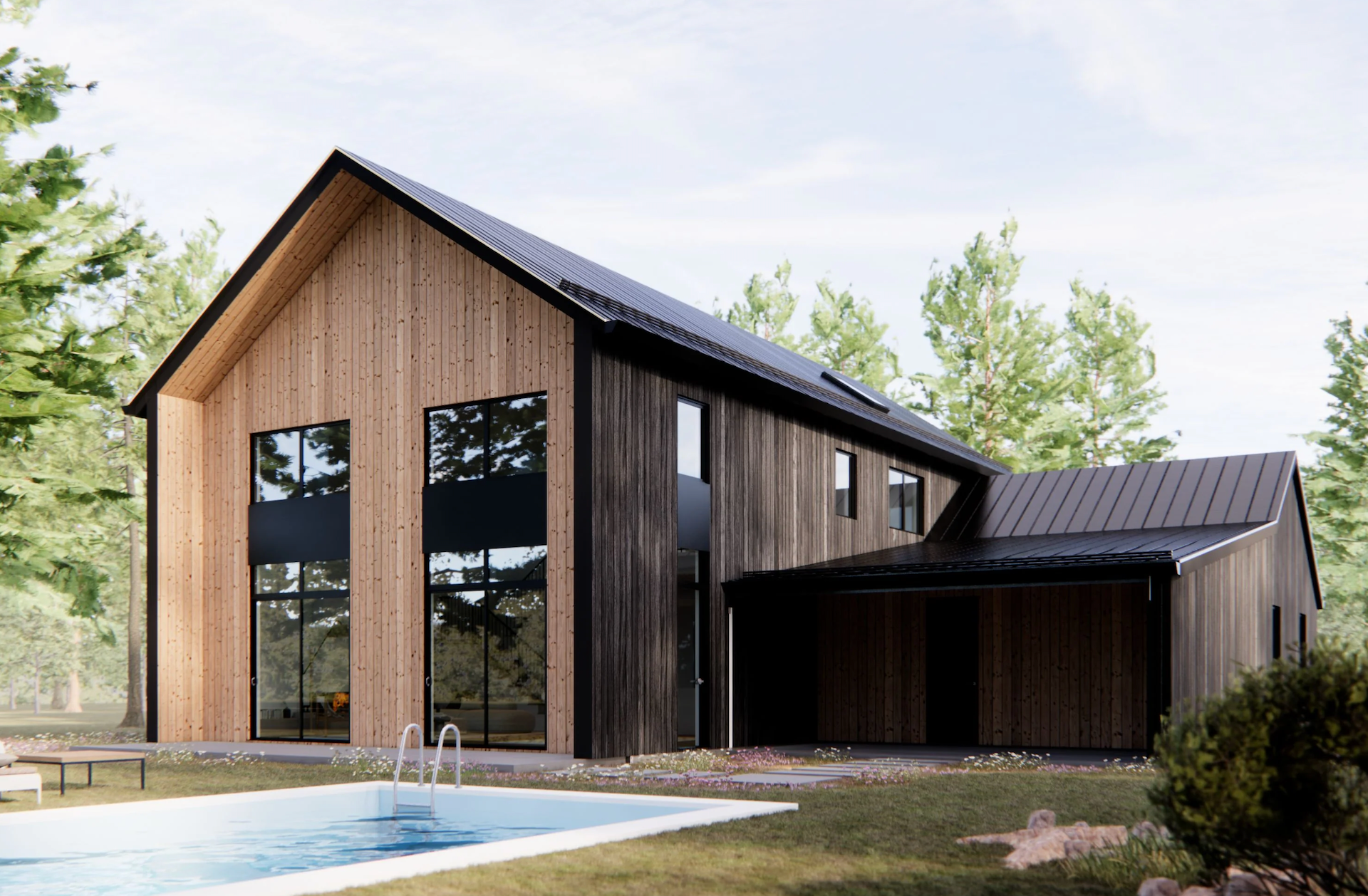 Barndominium with wood siding and a metal roof