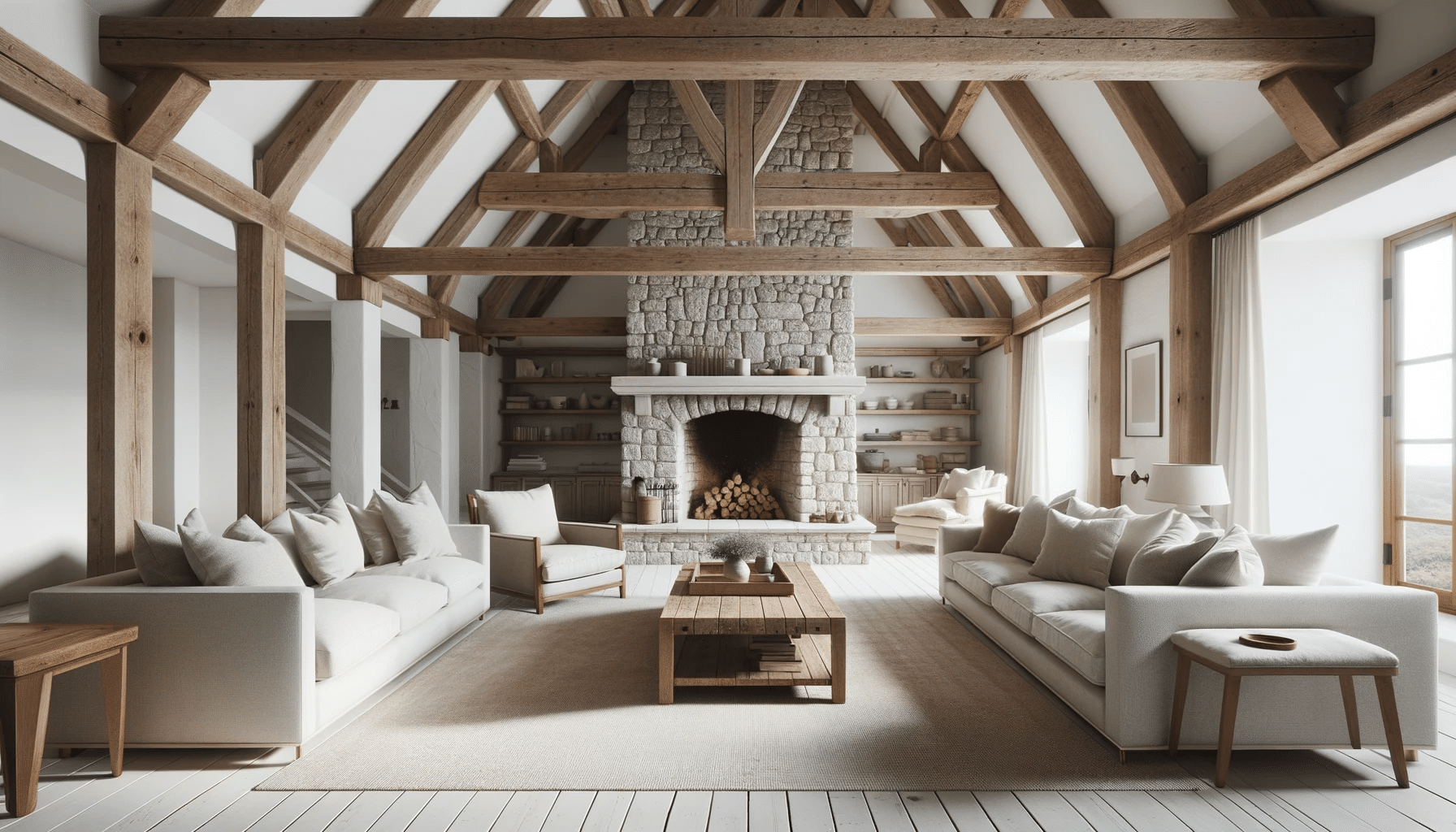 Spacious living room with exposed wooden beams. Tall ceilings and fireplace!