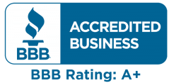 A blue sign that says `` accredited business bbb rating : a + ''