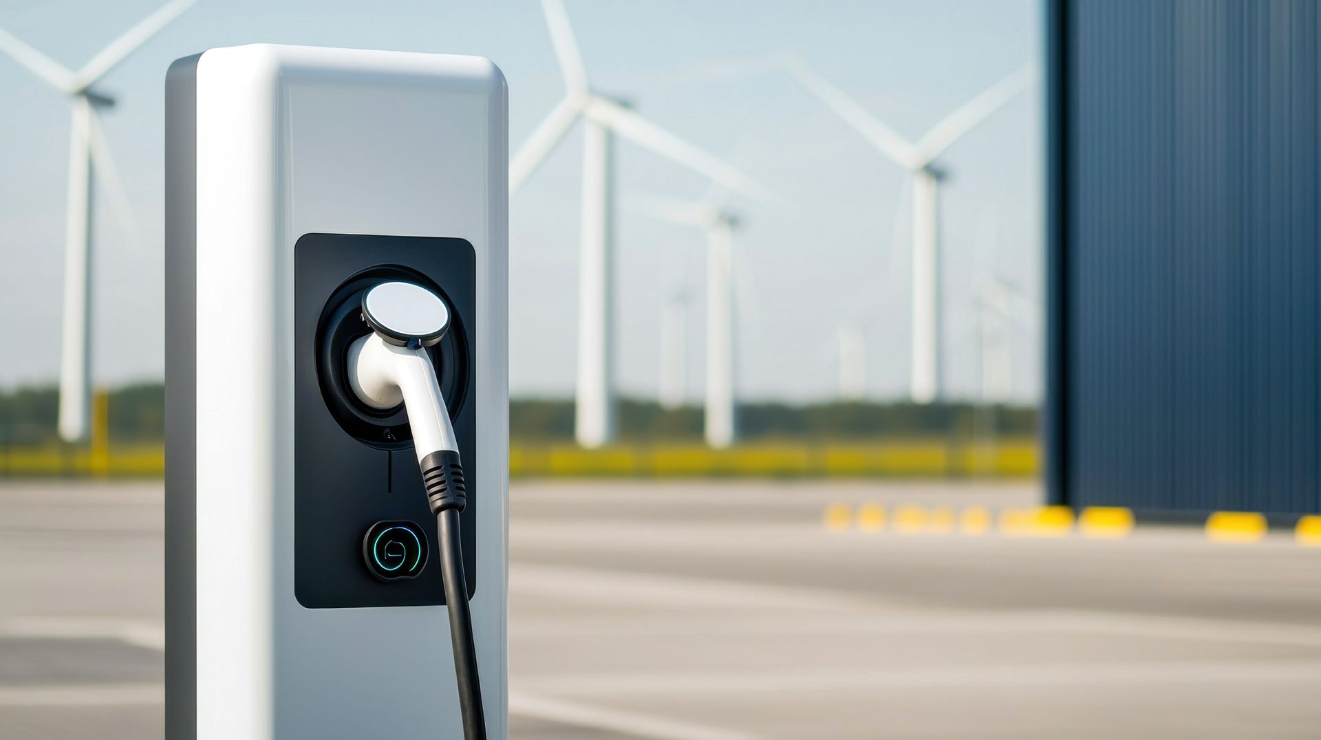 Une voiture électrique est en charge sur une borne de recharge avec des éoliennes en arrière-plan.