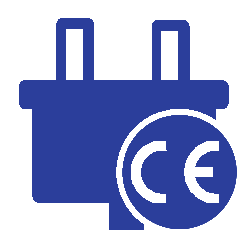 a blue icon with a plug and the ce symbol on it .