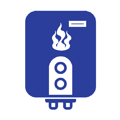 a blue icon of a water heater with a fire coming out of it .