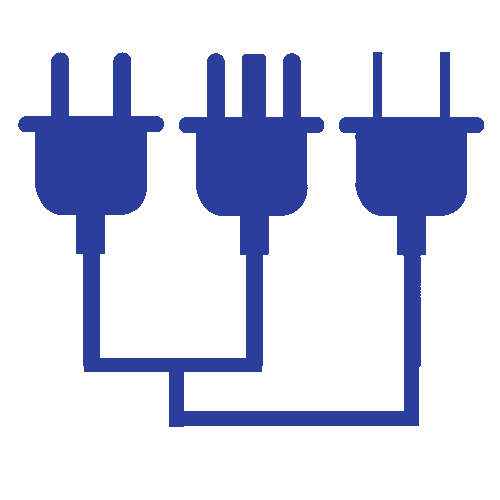 a blue icon of three plugs connected to each other on a white background .